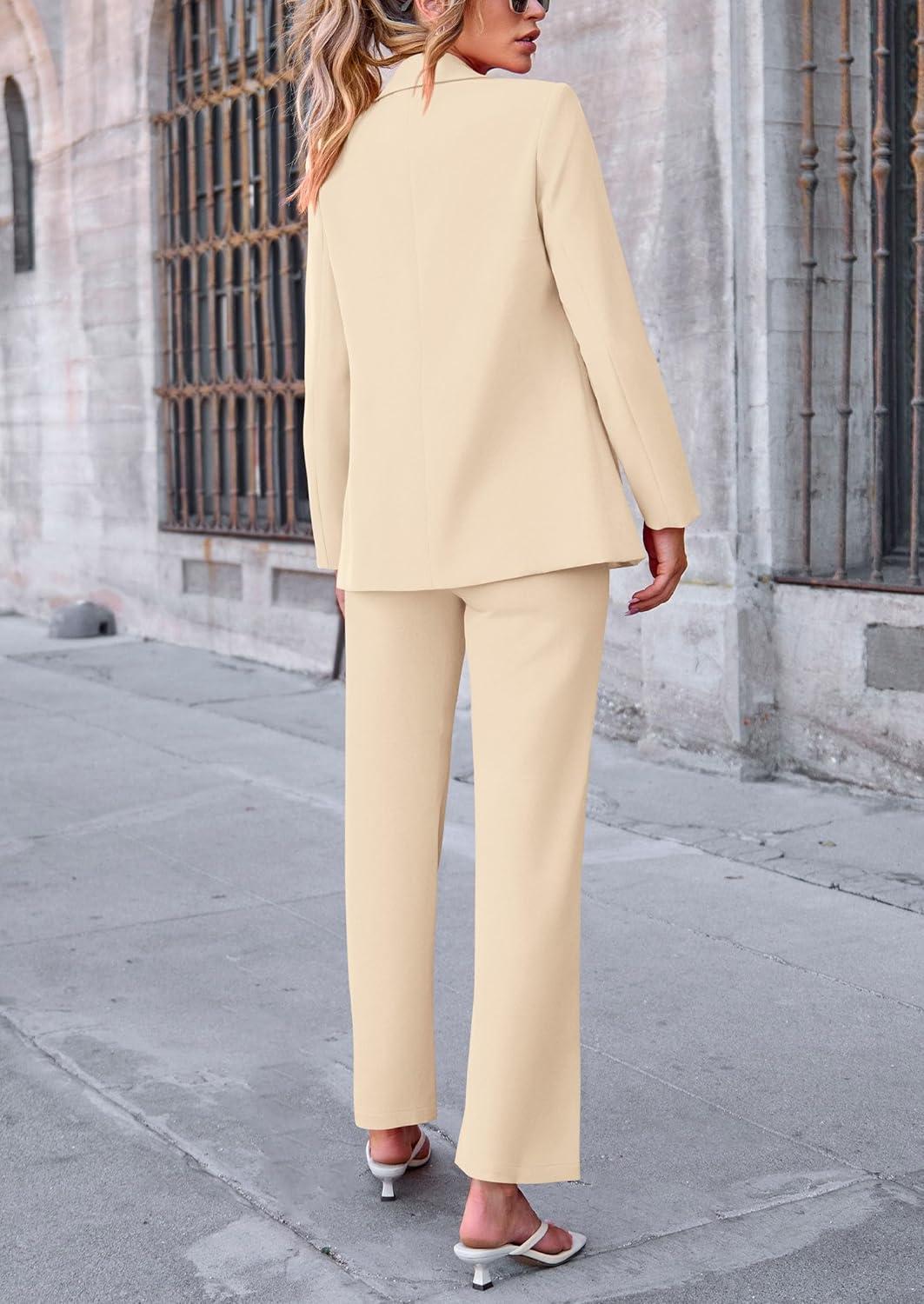 imagePRETTYGARDEN Womens Fall Spring 2 Piece Blazer Outfits Business Casual Oversized Jacket Wide Leg Work Pants Dressy Suit SetBeige