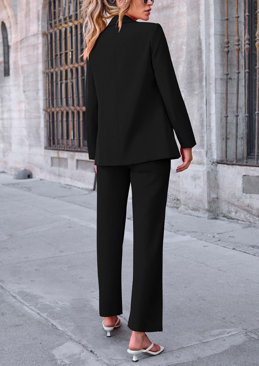 imagePRETTYGARDEN Womens Fall Spring 2 Piece Blazer Outfits Business Casual Oversized Jacket Wide Leg Work Pants Dressy Suit SetBlack
