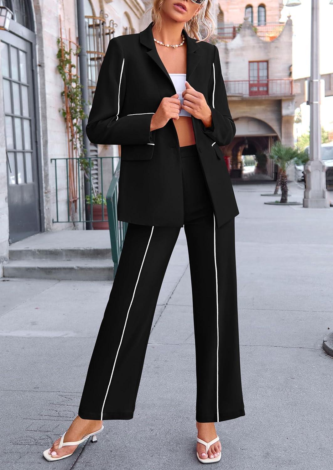 imagePRETTYGARDEN Womens Fall Spring 2 Piece Blazer Outfits Business Casual Oversized Jacket Wide Leg Work Pants Dressy Suit SetBlack
