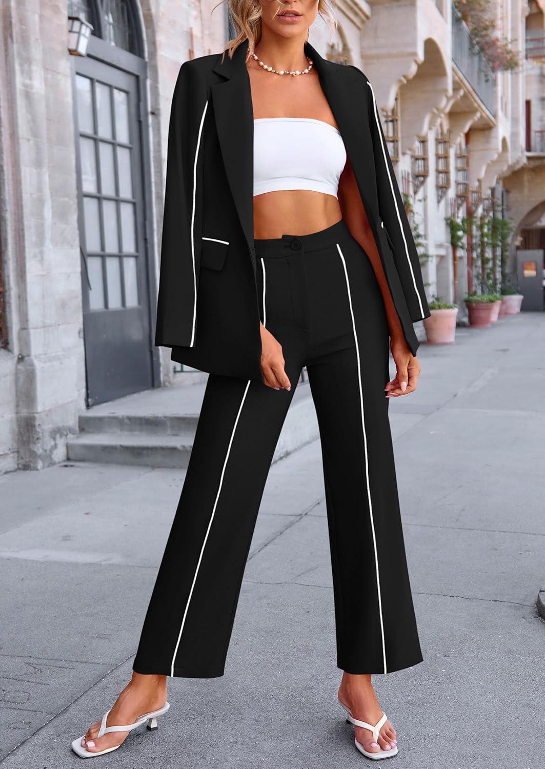 imagePRETTYGARDEN Womens Fall Spring 2 Piece Blazer Outfits Business Casual Oversized Jacket Wide Leg Work Pants Dressy Suit SetBlack