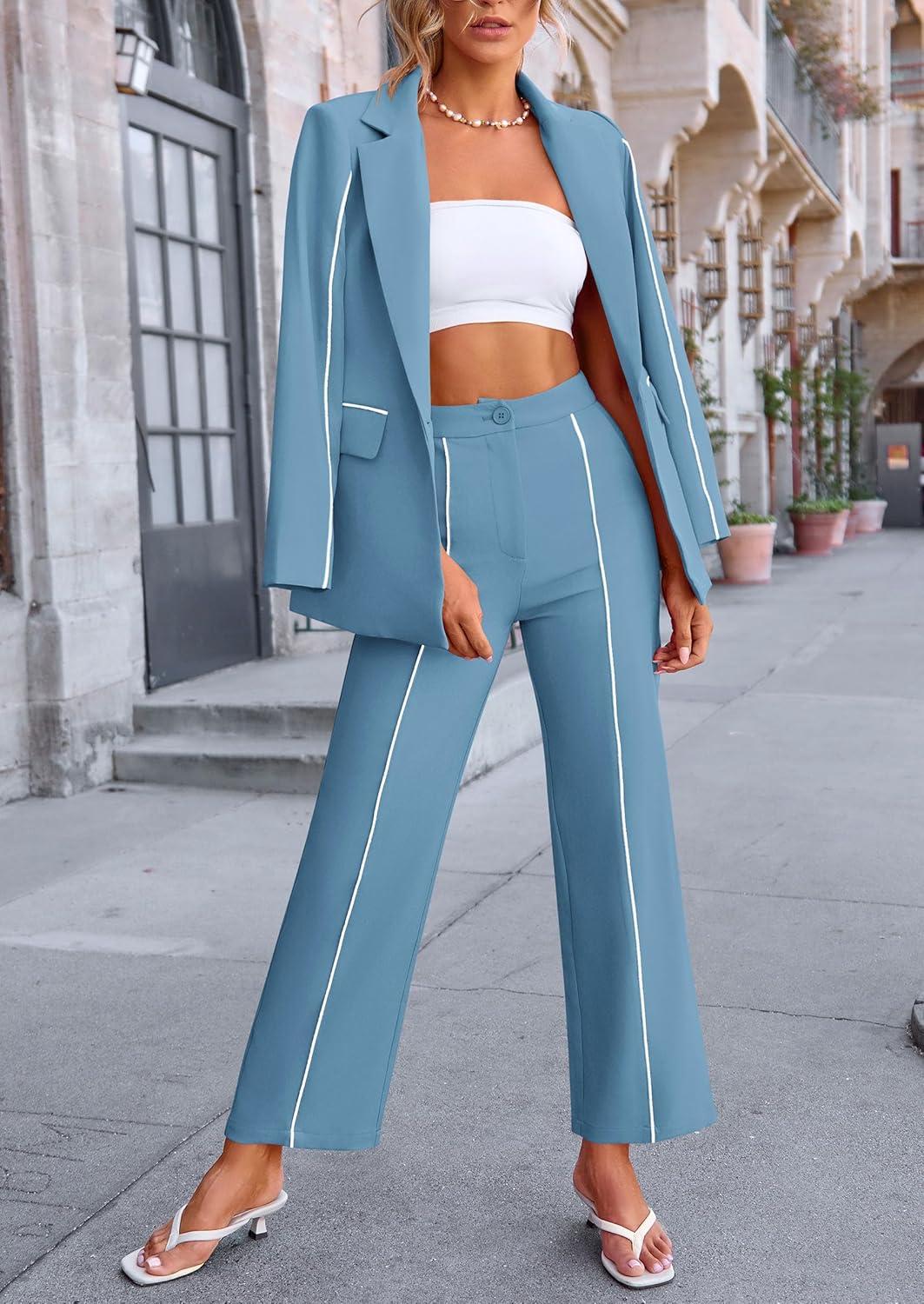 imagePRETTYGARDEN Womens Fall Spring 2 Piece Blazer Outfits Business Casual Oversized Jacket Wide Leg Work Pants Dressy Suit SetBlue