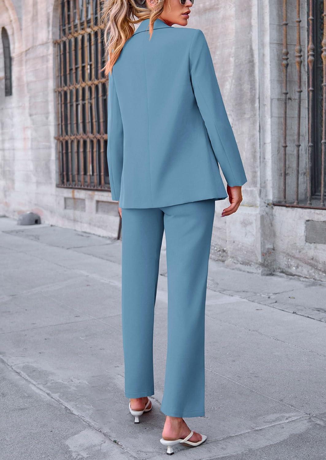 imagePRETTYGARDEN Womens Fall Spring 2 Piece Blazer Outfits Business Casual Oversized Jacket Wide Leg Work Pants Dressy Suit SetBlue