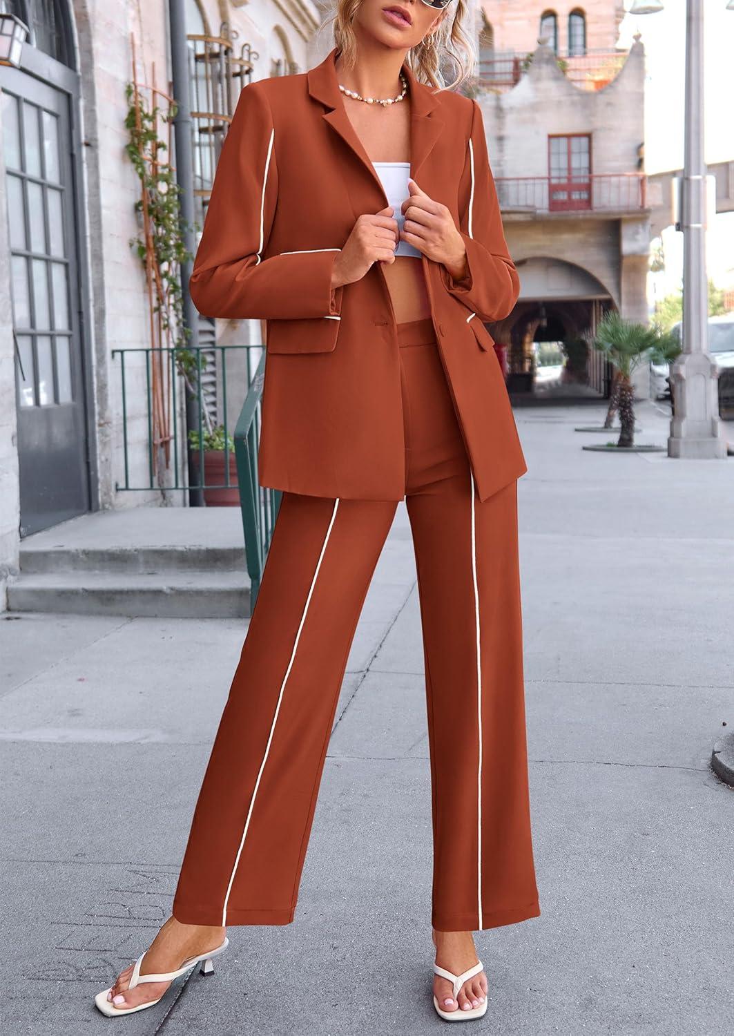 imagePRETTYGARDEN Womens Fall Spring 2 Piece Blazer Outfits Business Casual Oversized Jacket Wide Leg Work Pants Dressy Suit SetBrick Red