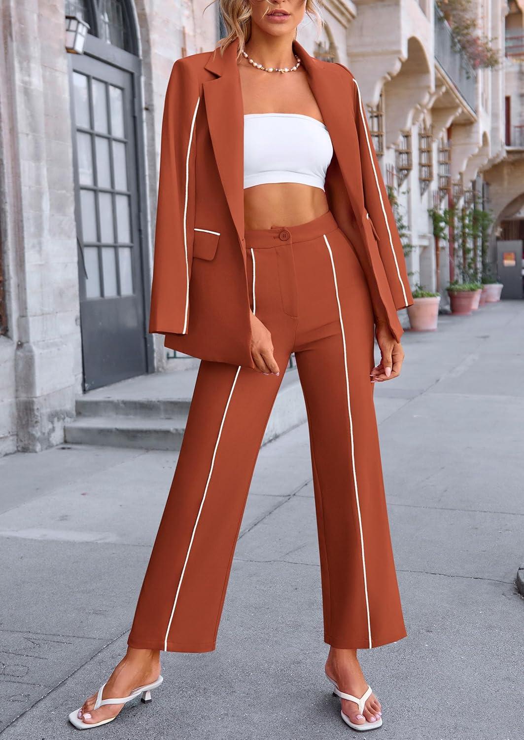 imagePRETTYGARDEN Womens Fall Spring 2 Piece Blazer Outfits Business Casual Oversized Jacket Wide Leg Work Pants Dressy Suit SetBrick Red