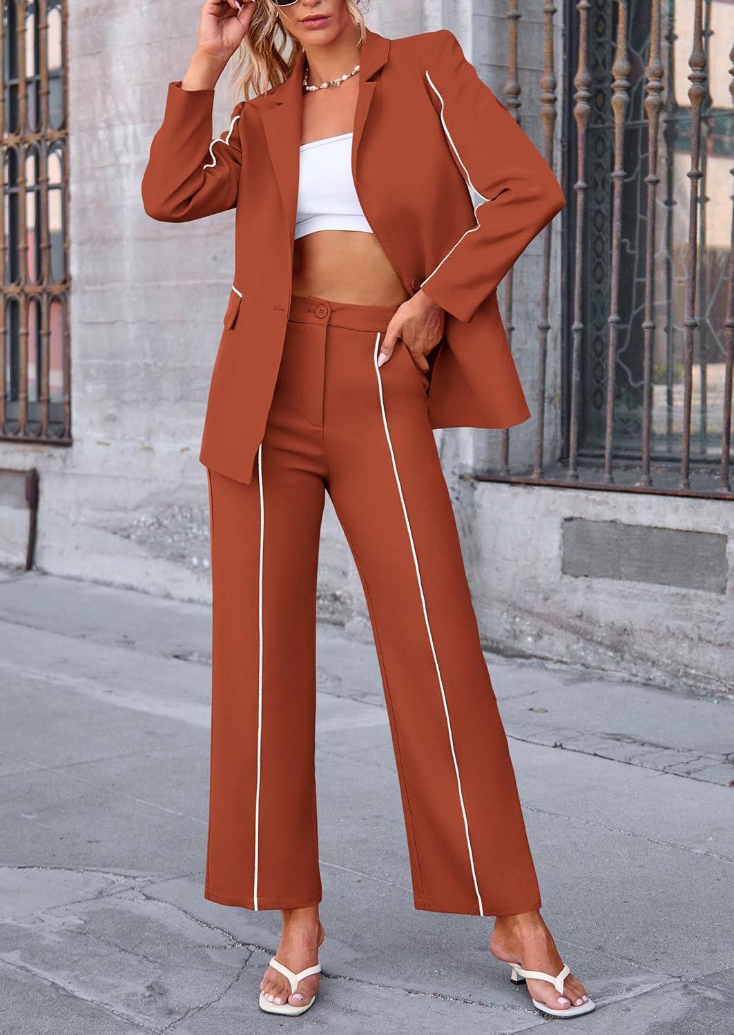 imagePRETTYGARDEN Womens Fall Spring 2 Piece Blazer Outfits Business Casual Oversized Jacket Wide Leg Work Pants Dressy Suit SetBrick Red