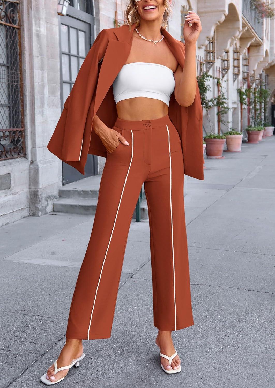 imagePRETTYGARDEN Womens Fall Spring 2 Piece Blazer Outfits Business Casual Oversized Jacket Wide Leg Work Pants Dressy Suit SetBrick Red