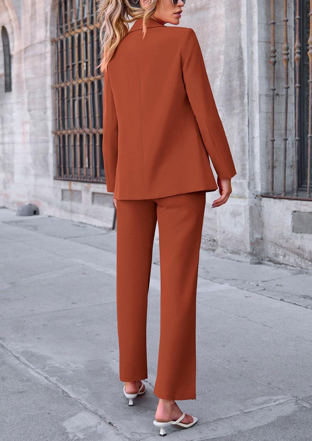 imagePRETTYGARDEN Womens Fall Spring 2 Piece Blazer Outfits Business Casual Oversized Jacket Wide Leg Work Pants Dressy Suit SetBrick Red