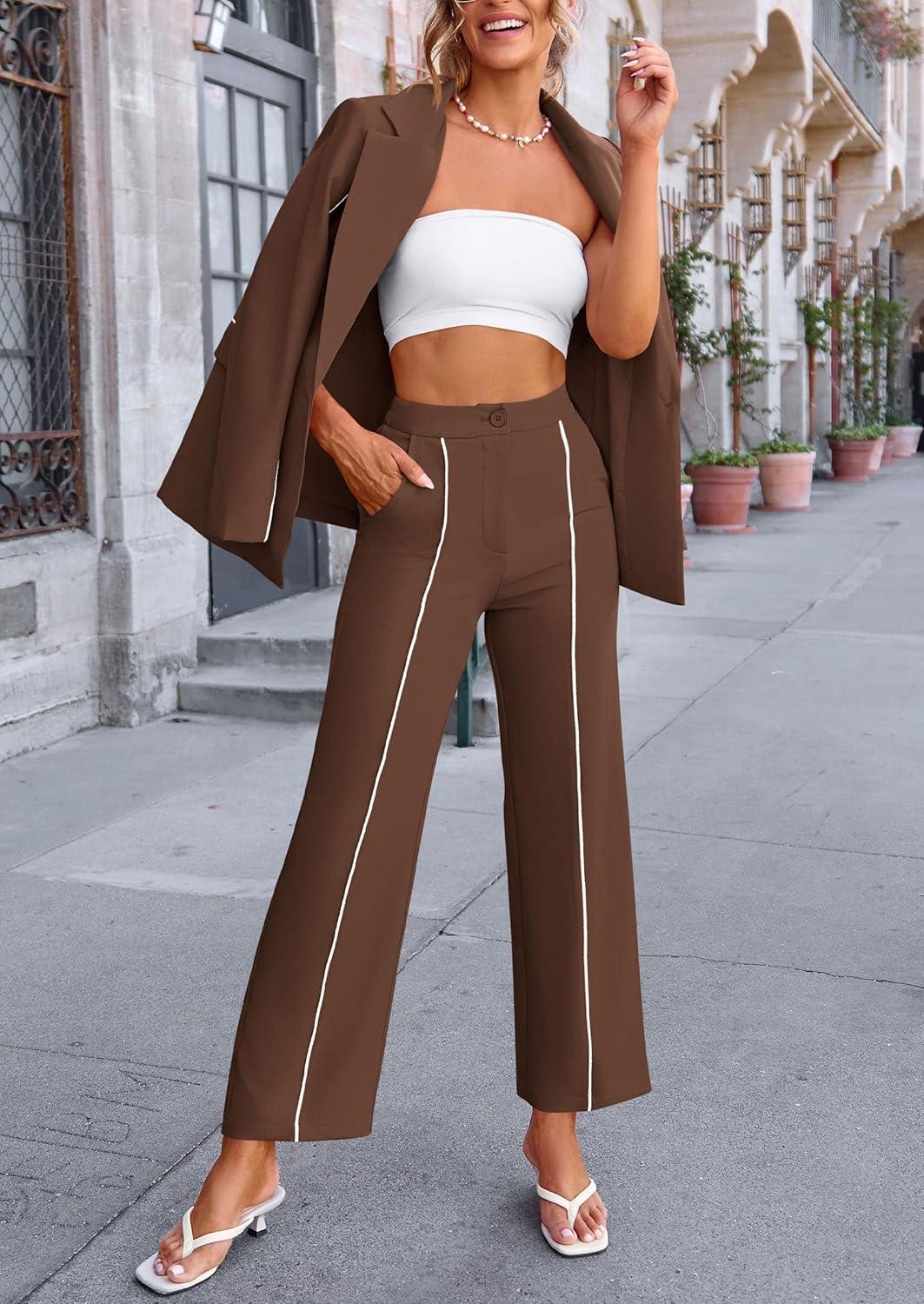imagePRETTYGARDEN Womens Fall Spring 2 Piece Blazer Outfits Business Casual Oversized Jacket Wide Leg Work Pants Dressy Suit SetCoffee