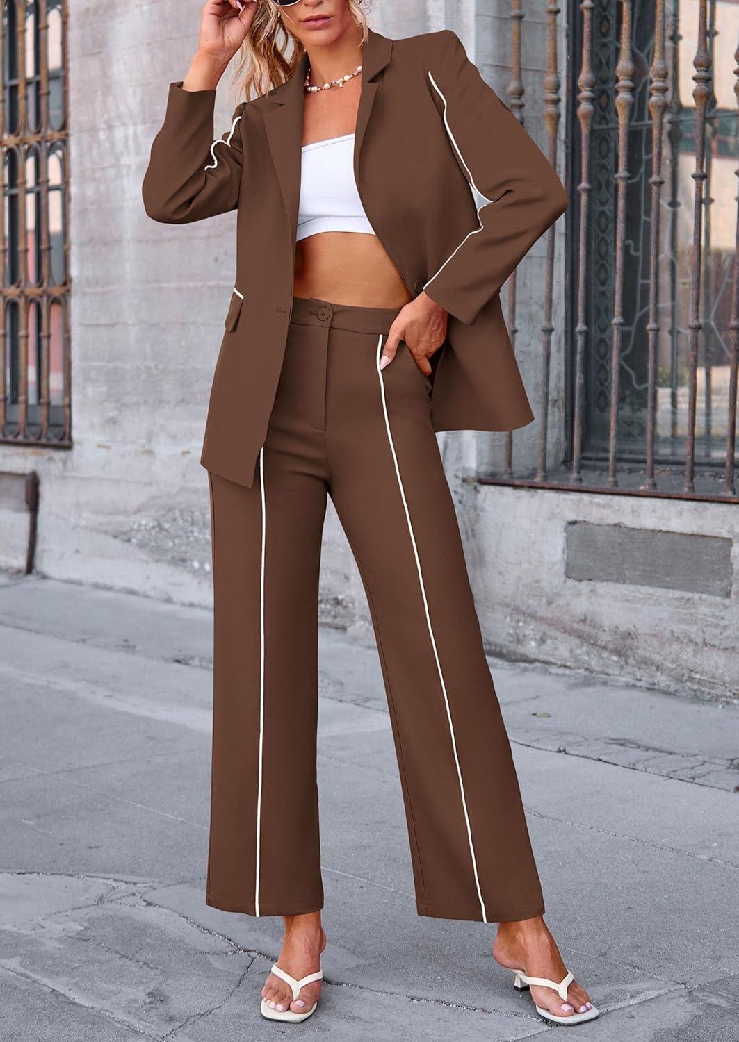 imagePRETTYGARDEN Womens Fall Spring 2 Piece Blazer Outfits Business Casual Oversized Jacket Wide Leg Work Pants Dressy Suit SetCoffee