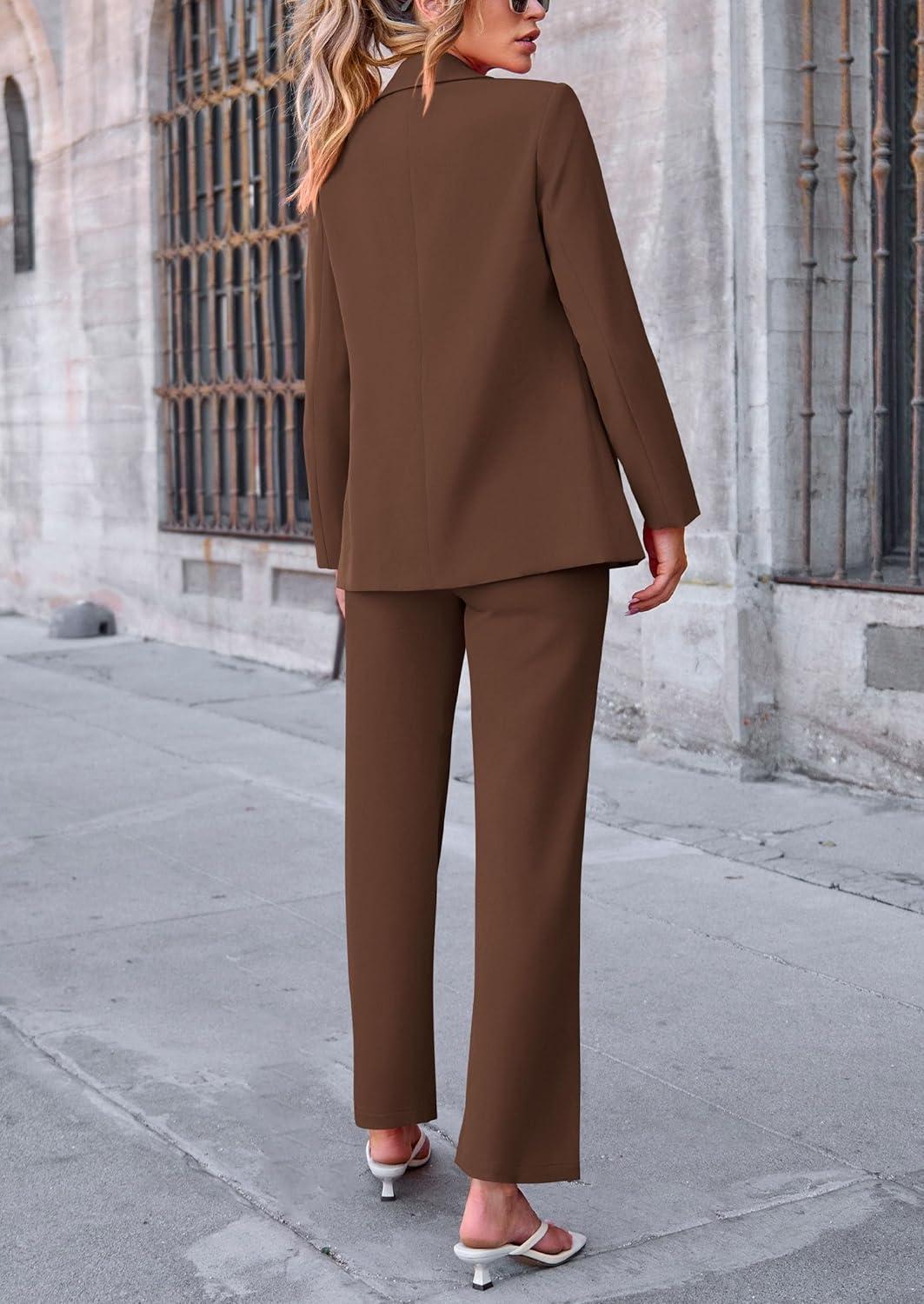 imagePRETTYGARDEN Womens Fall Spring 2 Piece Blazer Outfits Business Casual Oversized Jacket Wide Leg Work Pants Dressy Suit SetCoffee