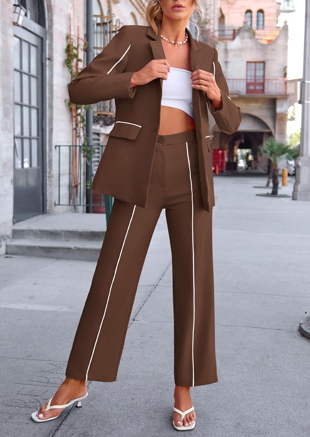 imagePRETTYGARDEN Womens Fall Spring 2 Piece Blazer Outfits Business Casual Oversized Jacket Wide Leg Work Pants Dressy Suit SetCoffee
