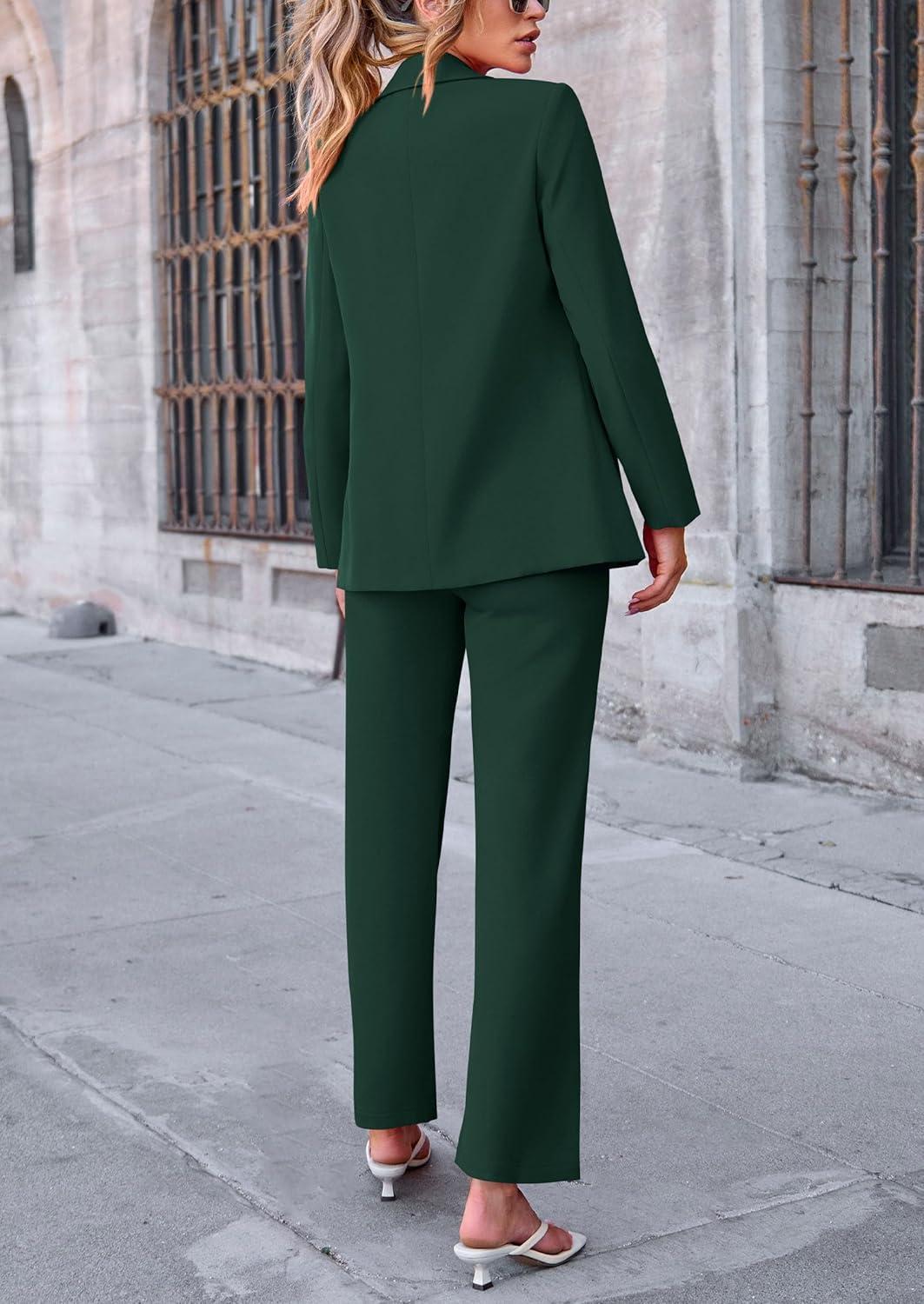 imagePRETTYGARDEN Womens Fall Spring 2 Piece Blazer Outfits Business Casual Oversized Jacket Wide Leg Work Pants Dressy Suit SetDark Green