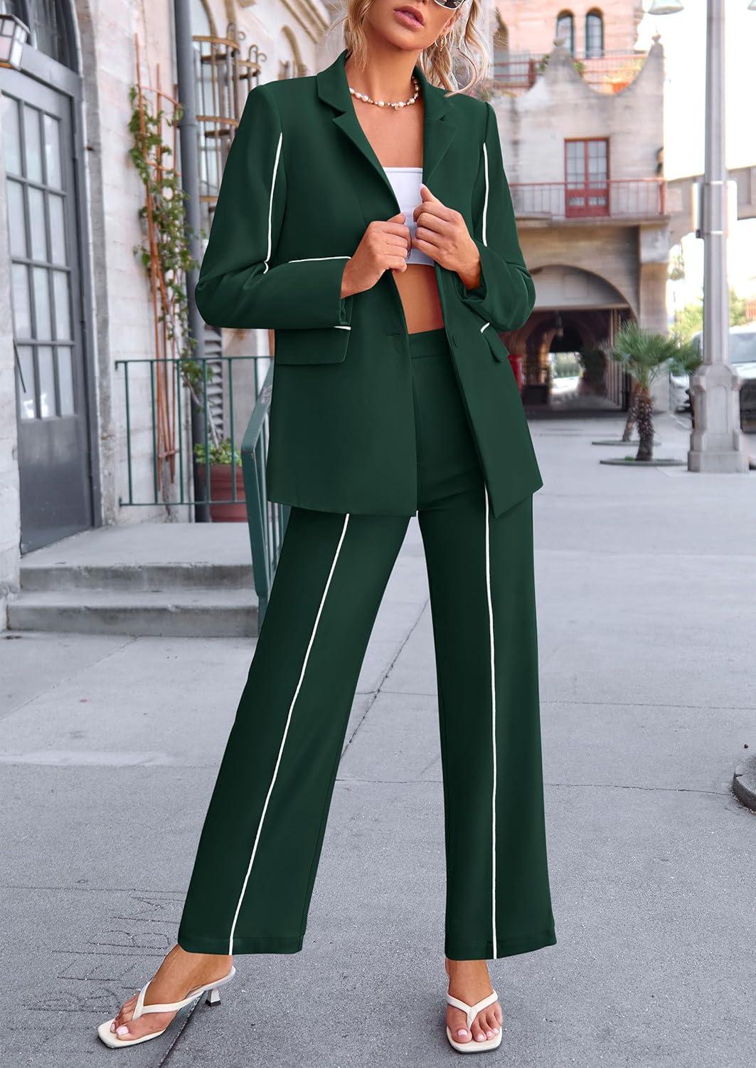 imagePRETTYGARDEN Womens Fall Spring 2 Piece Blazer Outfits Business Casual Oversized Jacket Wide Leg Work Pants Dressy Suit SetDark Green