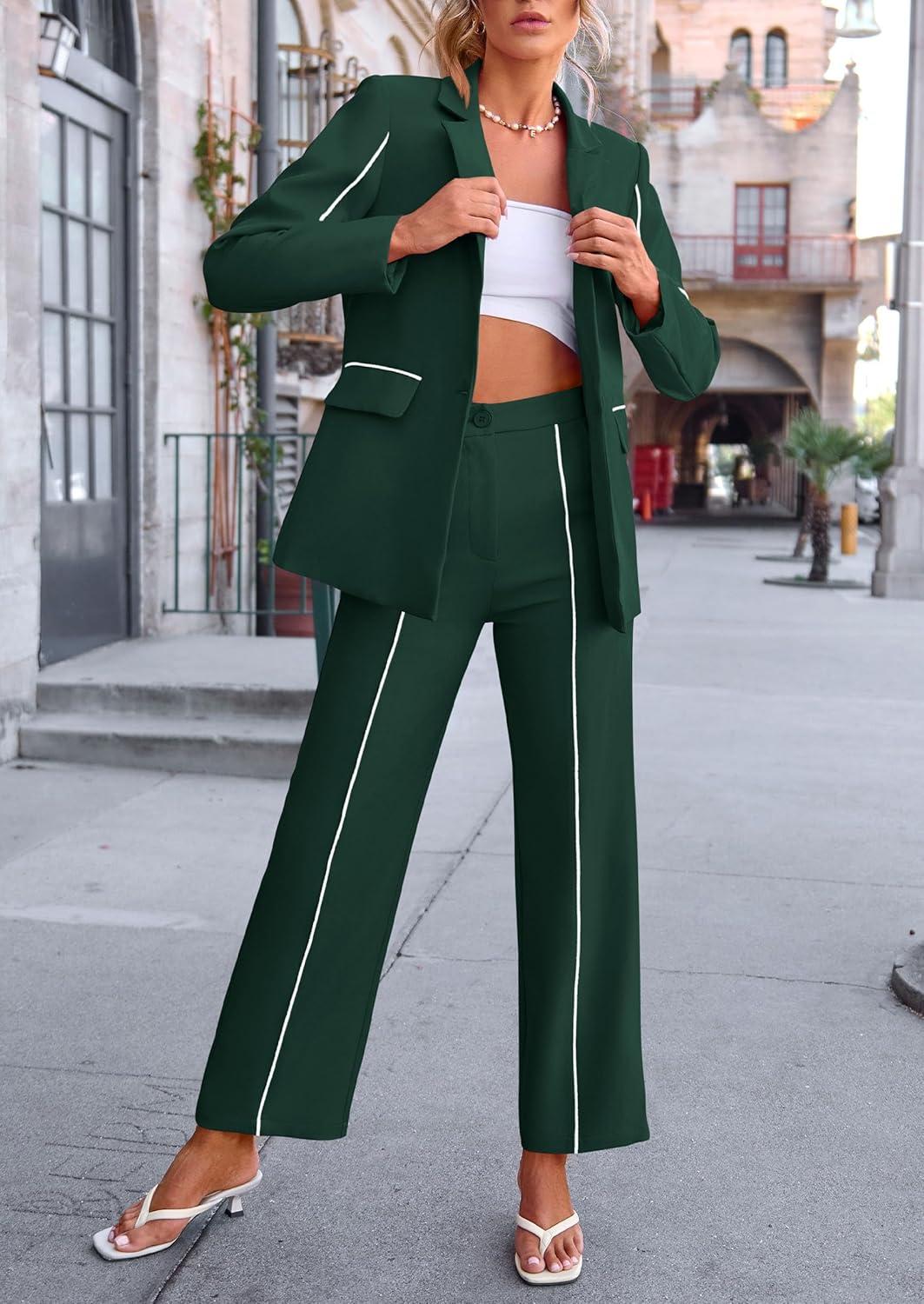 imagePRETTYGARDEN Womens Fall Spring 2 Piece Blazer Outfits Business Casual Oversized Jacket Wide Leg Work Pants Dressy Suit SetDark Green
