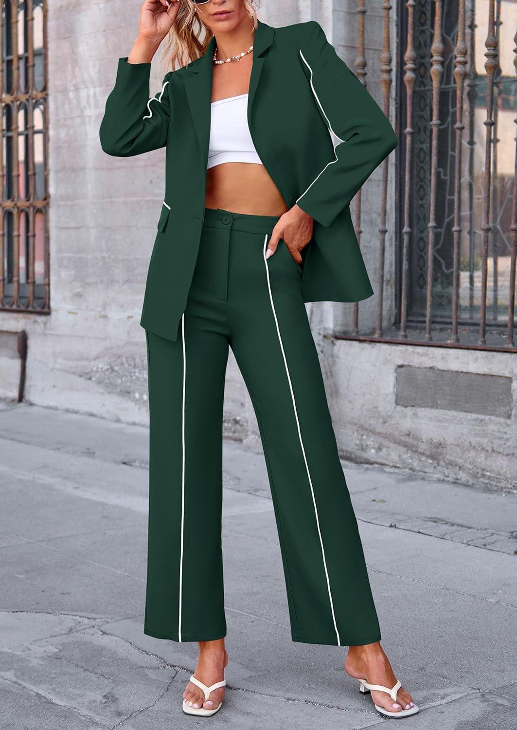 imagePRETTYGARDEN Womens Fall Spring 2 Piece Blazer Outfits Business Casual Oversized Jacket Wide Leg Work Pants Dressy Suit SetDark Green
