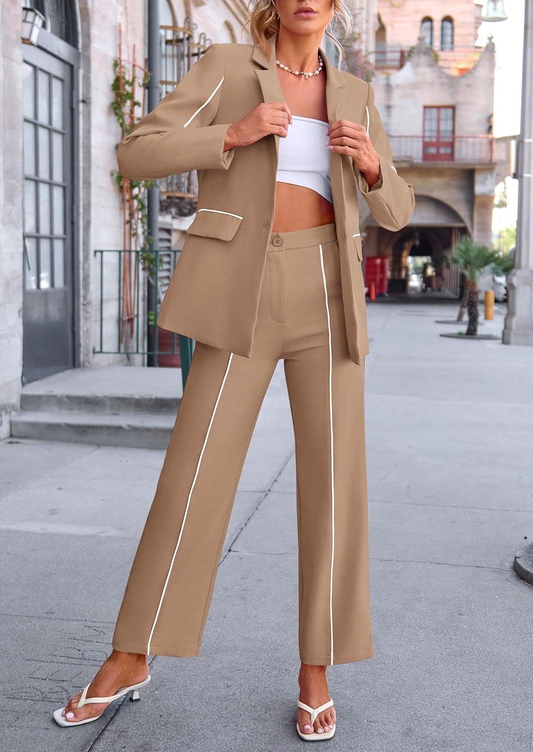 imagePRETTYGARDEN Womens Fall Spring 2 Piece Blazer Outfits Business Casual Oversized Jacket Wide Leg Work Pants Dressy Suit SetKhaki