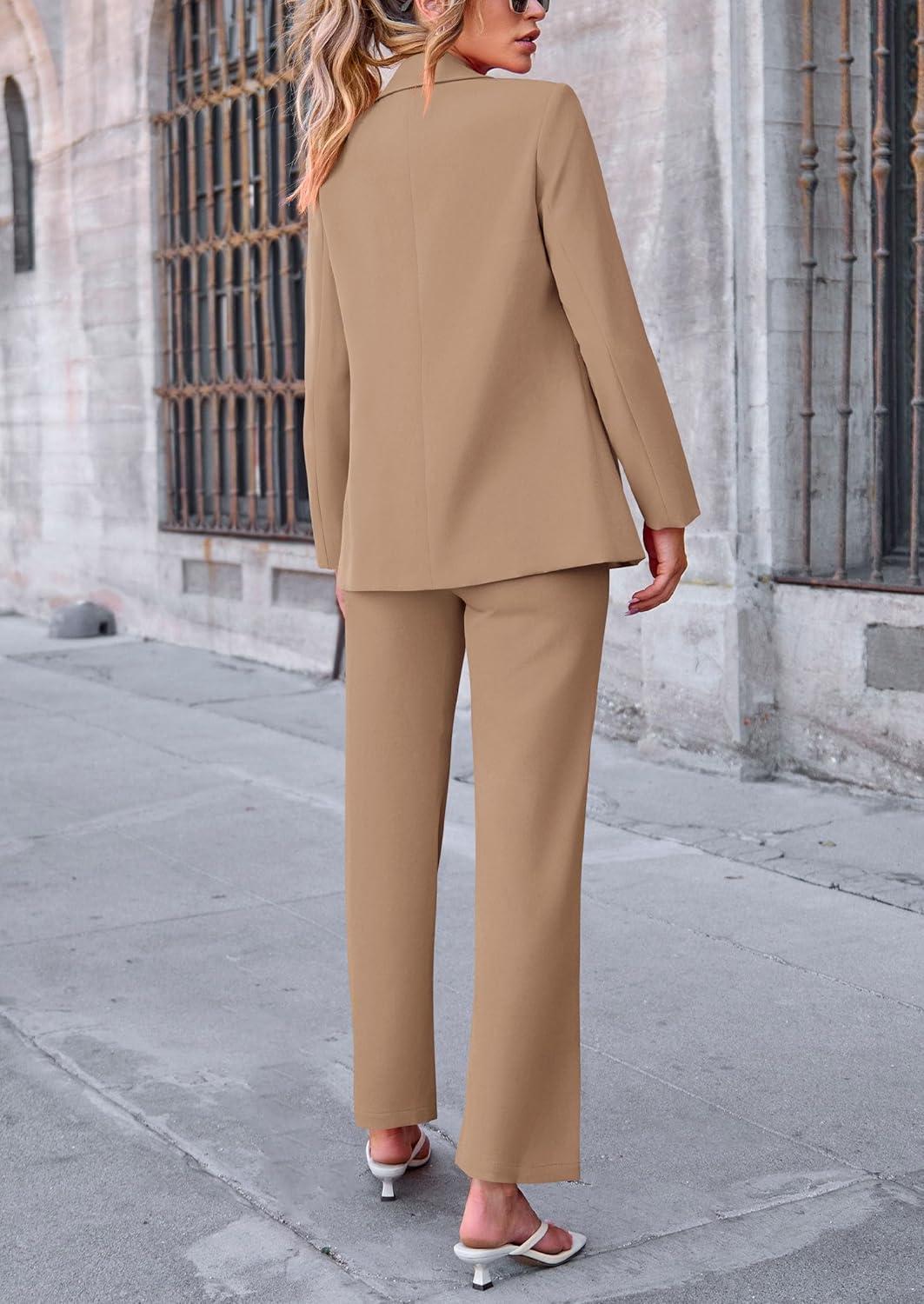 imagePRETTYGARDEN Womens Fall Spring 2 Piece Blazer Outfits Business Casual Oversized Jacket Wide Leg Work Pants Dressy Suit SetKhaki