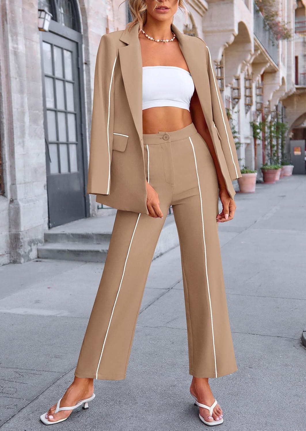 imagePRETTYGARDEN Womens Fall Spring 2 Piece Blazer Outfits Business Casual Oversized Jacket Wide Leg Work Pants Dressy Suit SetKhaki