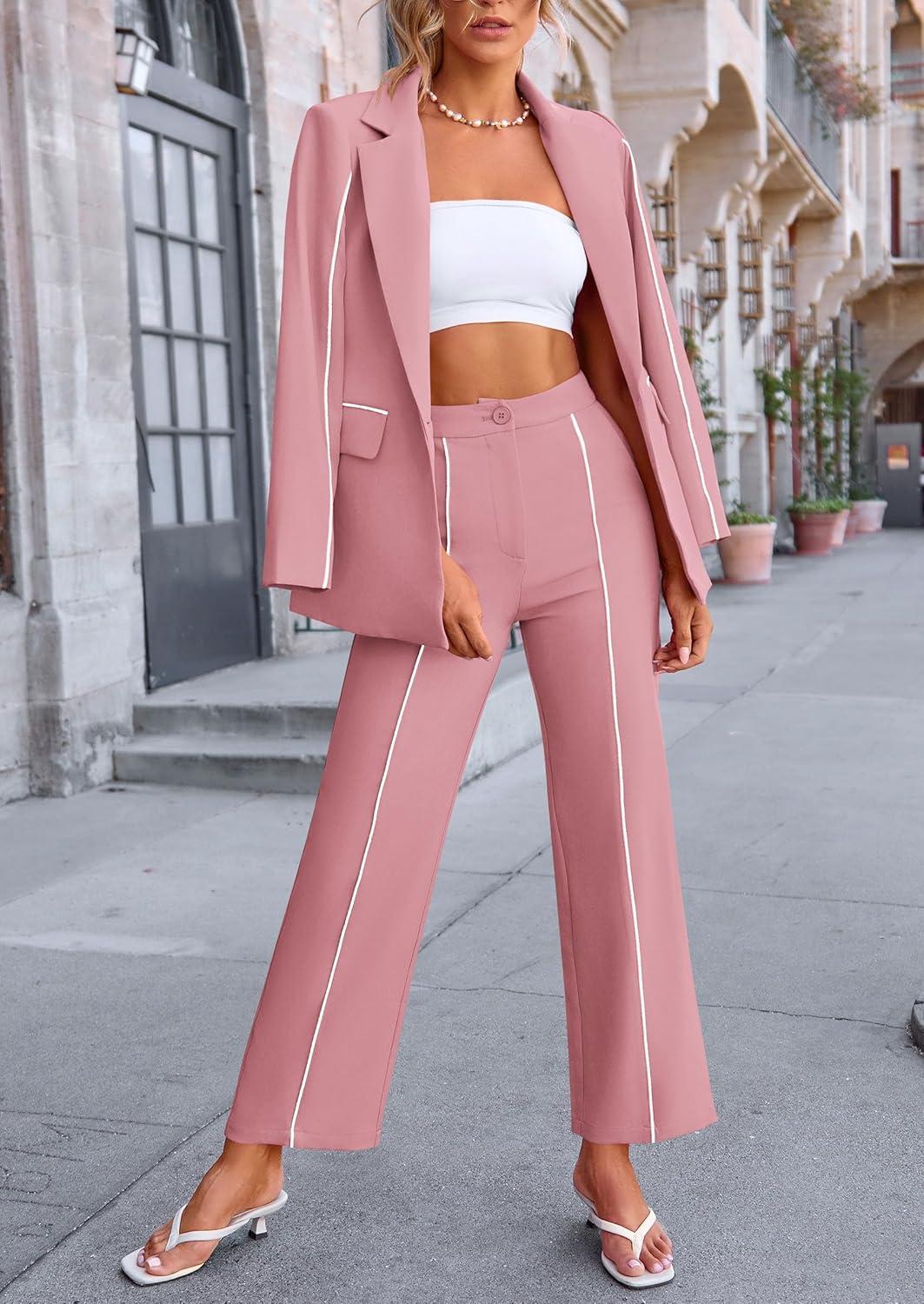 imagePRETTYGARDEN Womens Fall Spring 2 Piece Blazer Outfits Business Casual Oversized Jacket Wide Leg Work Pants Dressy Suit SetPink