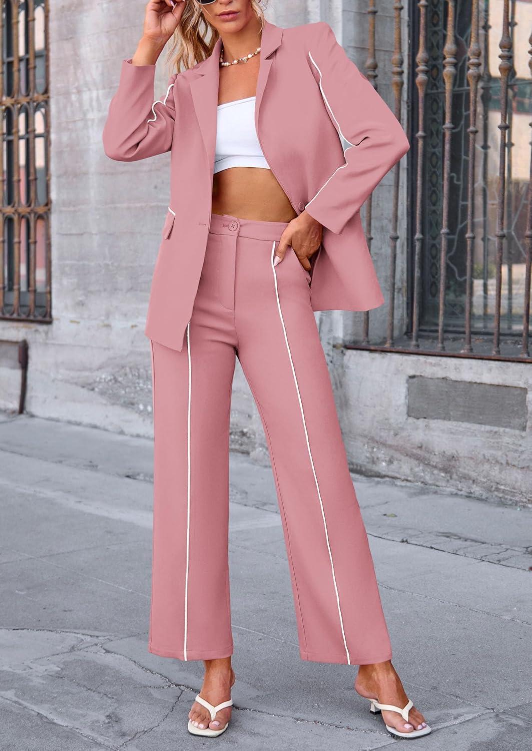 imagePRETTYGARDEN Womens Fall Spring 2 Piece Blazer Outfits Business Casual Oversized Jacket Wide Leg Work Pants Dressy Suit SetPink
