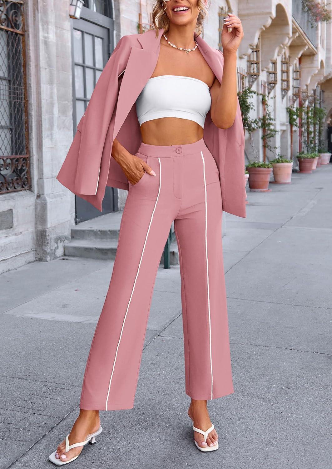 imagePRETTYGARDEN Womens Fall Spring 2 Piece Blazer Outfits Business Casual Oversized Jacket Wide Leg Work Pants Dressy Suit SetPink