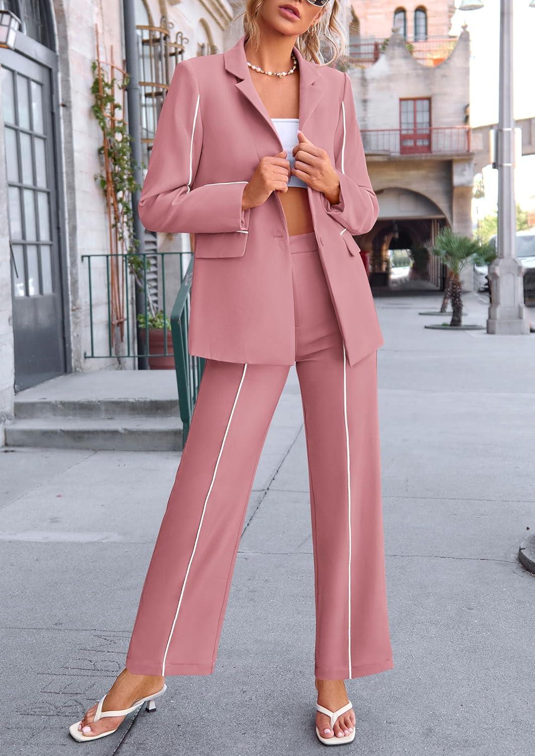 imagePRETTYGARDEN Womens Fall Spring 2 Piece Blazer Outfits Business Casual Oversized Jacket Wide Leg Work Pants Dressy Suit SetPink