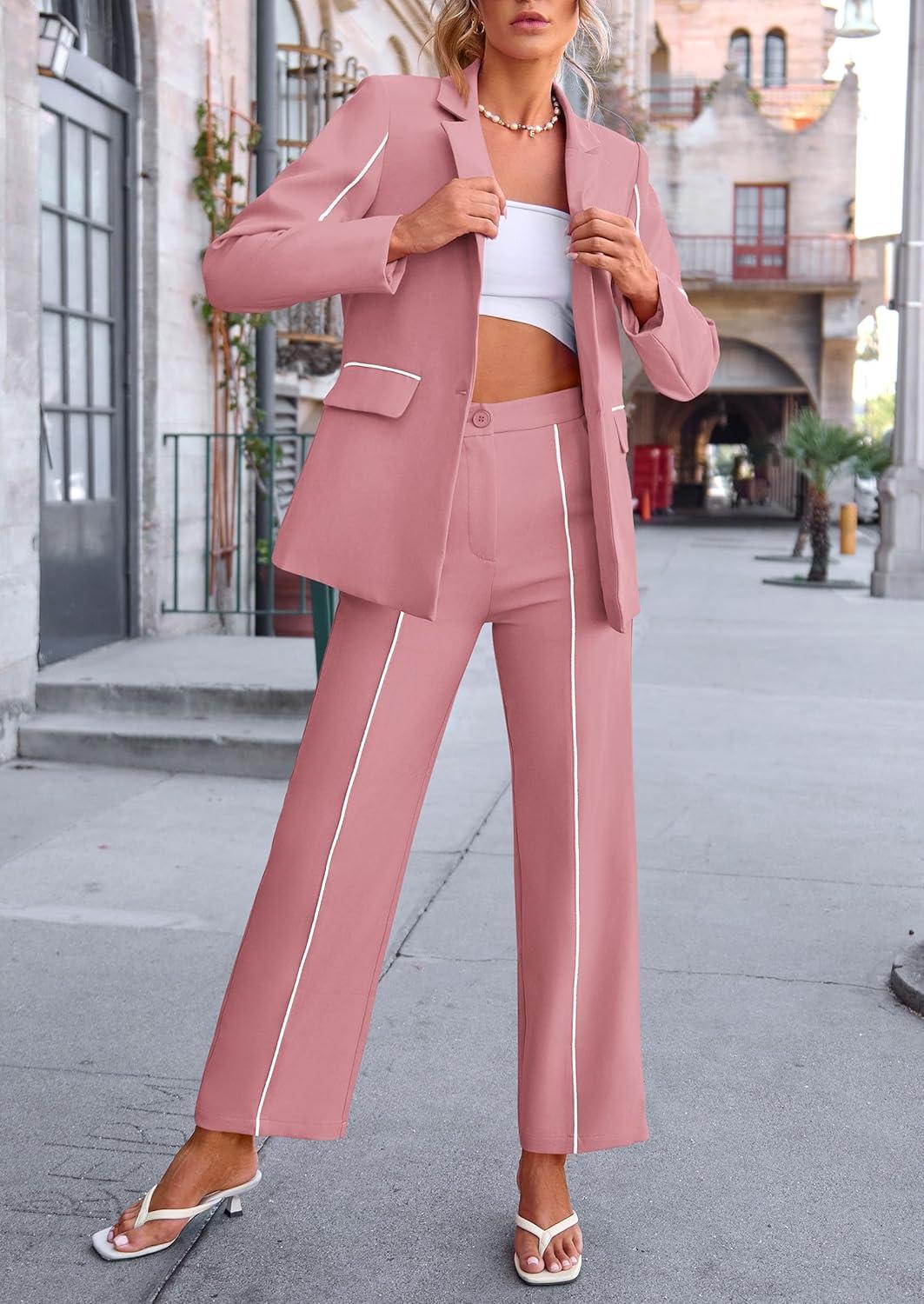 imagePRETTYGARDEN Womens Fall Spring 2 Piece Blazer Outfits Business Casual Oversized Jacket Wide Leg Work Pants Dressy Suit SetPink