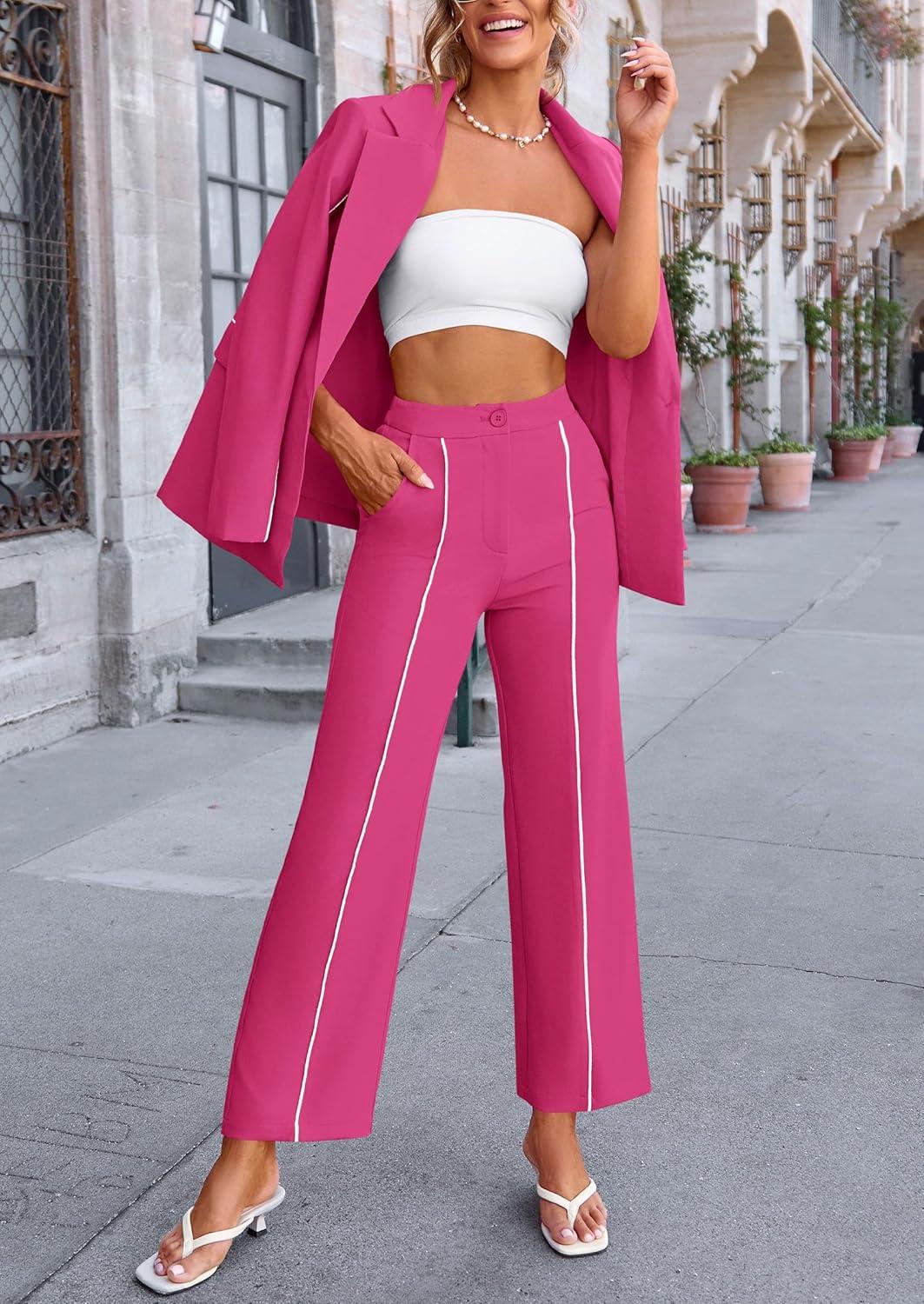 imagePRETTYGARDEN Womens Fall Spring 2 Piece Blazer Outfits Business Casual Oversized Jacket Wide Leg Work Pants Dressy Suit SetRose Red