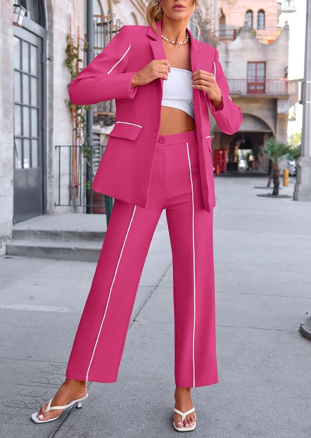 imagePRETTYGARDEN Womens Fall Spring 2 Piece Blazer Outfits Business Casual Oversized Jacket Wide Leg Work Pants Dressy Suit SetRose Red