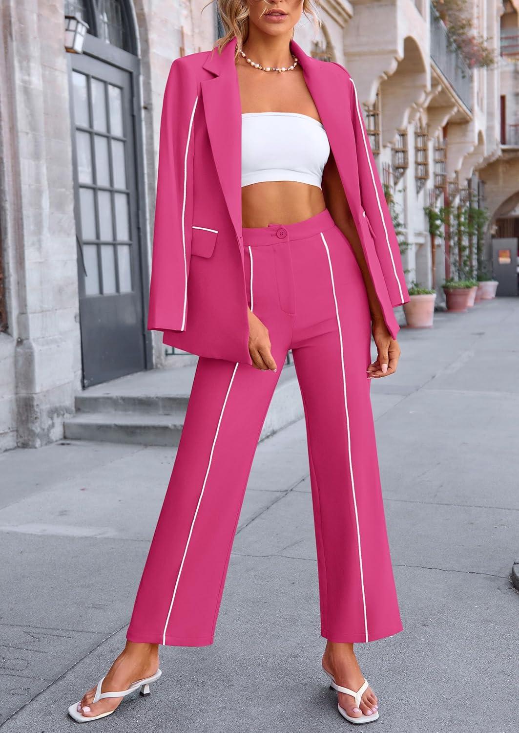 imagePRETTYGARDEN Womens Fall Spring 2 Piece Blazer Outfits Business Casual Oversized Jacket Wide Leg Work Pants Dressy Suit SetRose Red