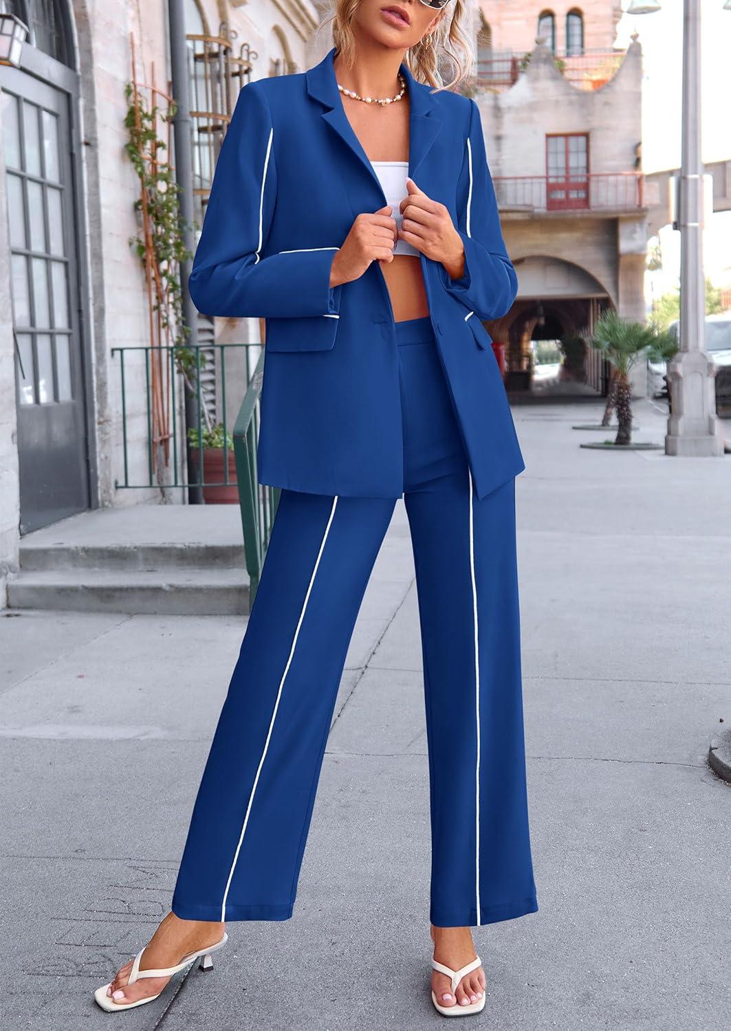imagePRETTYGARDEN Womens Fall Spring 2 Piece Blazer Outfits Business Casual Oversized Jacket Wide Leg Work Pants Dressy Suit SetRoyal Blue