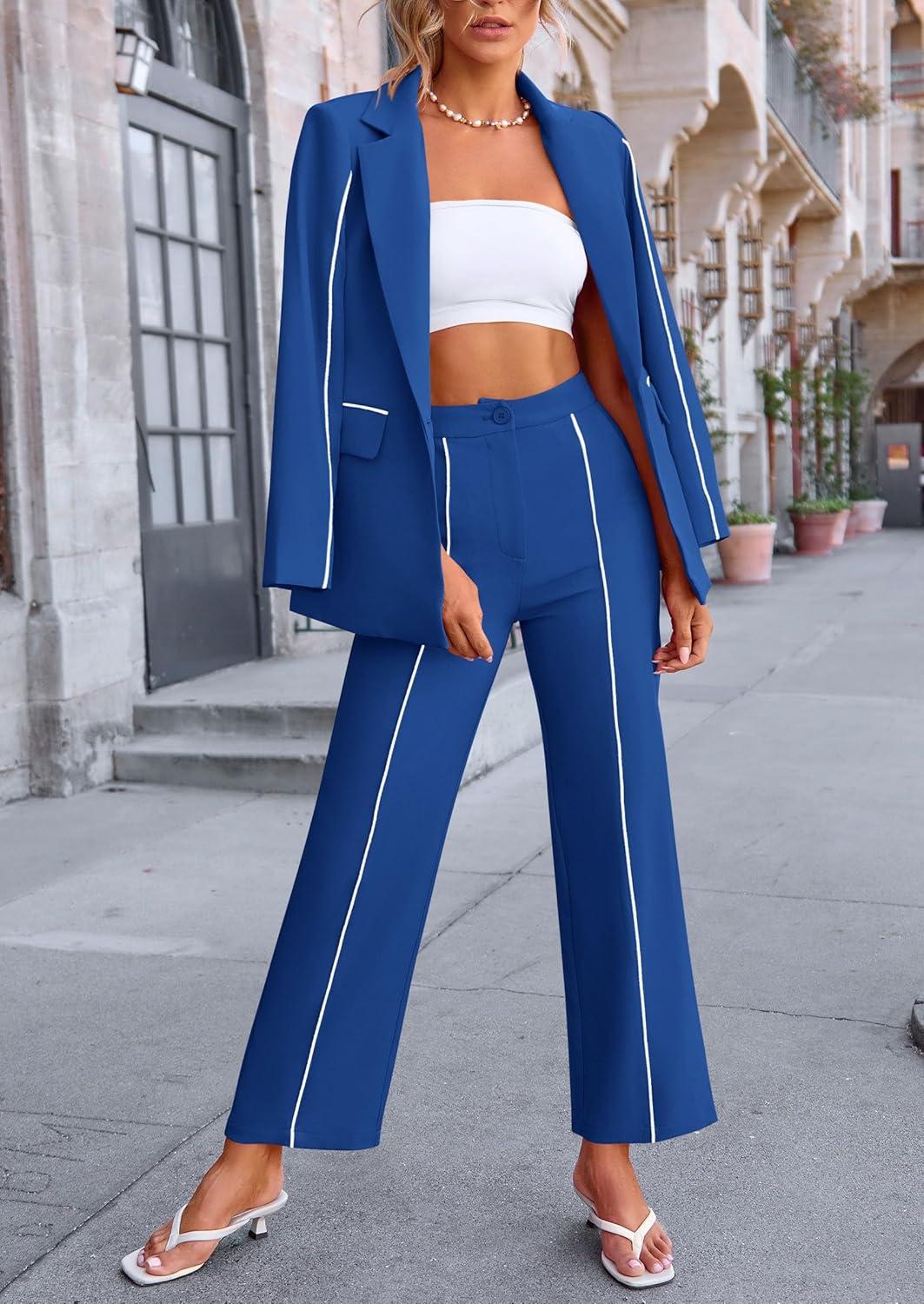 imagePRETTYGARDEN Womens Fall Spring 2 Piece Blazer Outfits Business Casual Oversized Jacket Wide Leg Work Pants Dressy Suit SetRoyal Blue