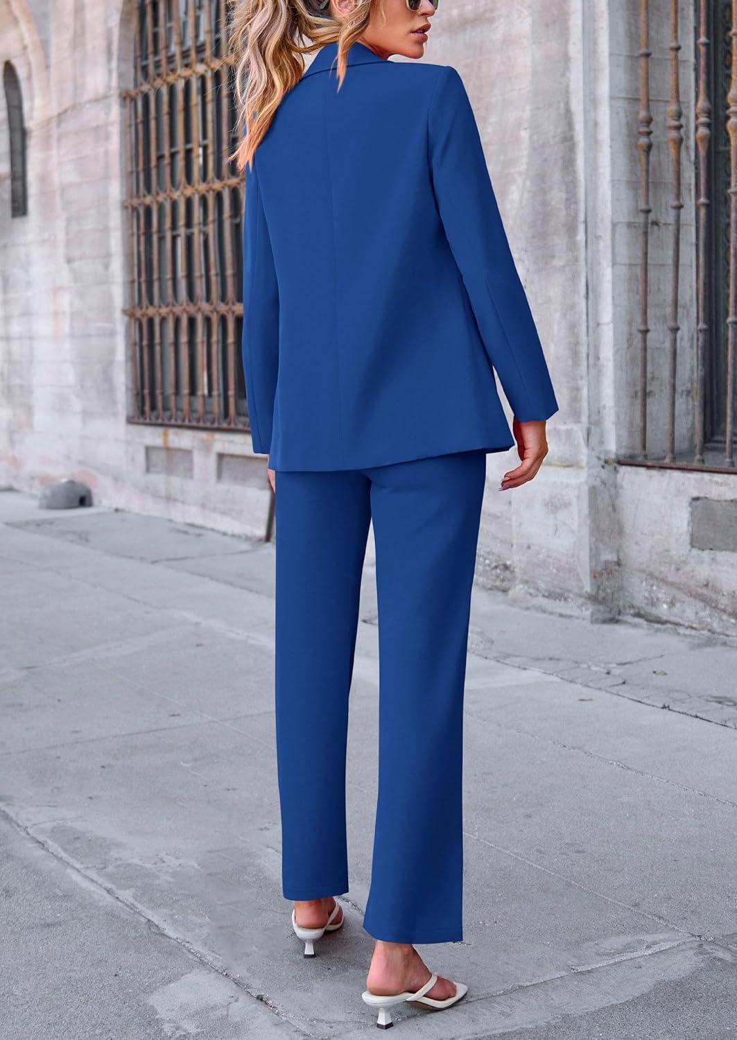 imagePRETTYGARDEN Womens Fall Spring 2 Piece Blazer Outfits Business Casual Oversized Jacket Wide Leg Work Pants Dressy Suit SetRoyal Blue
