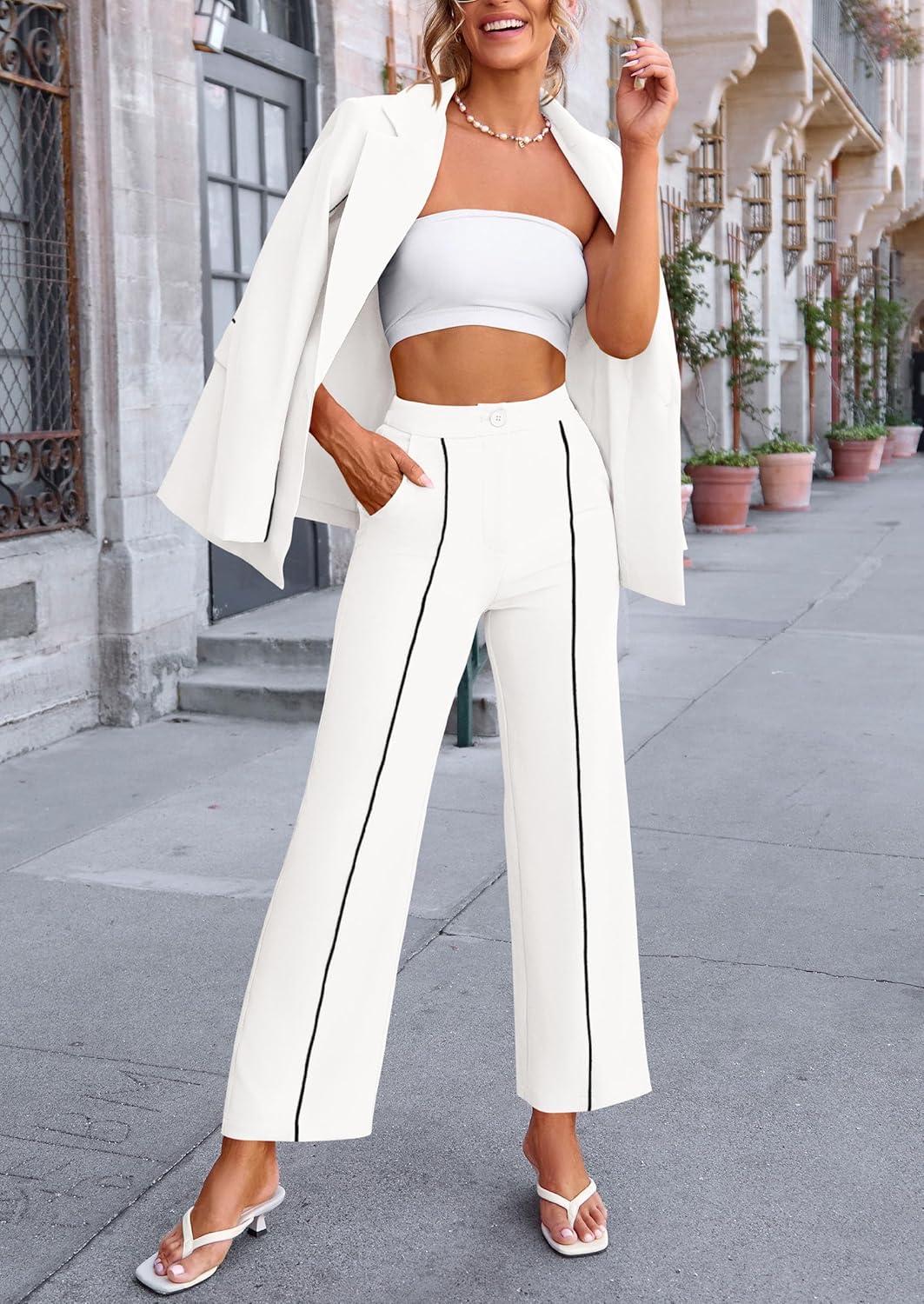 imagePRETTYGARDEN Womens Fall Spring 2 Piece Blazer Outfits Business Casual Oversized Jacket Wide Leg Work Pants Dressy Suit SetWhite