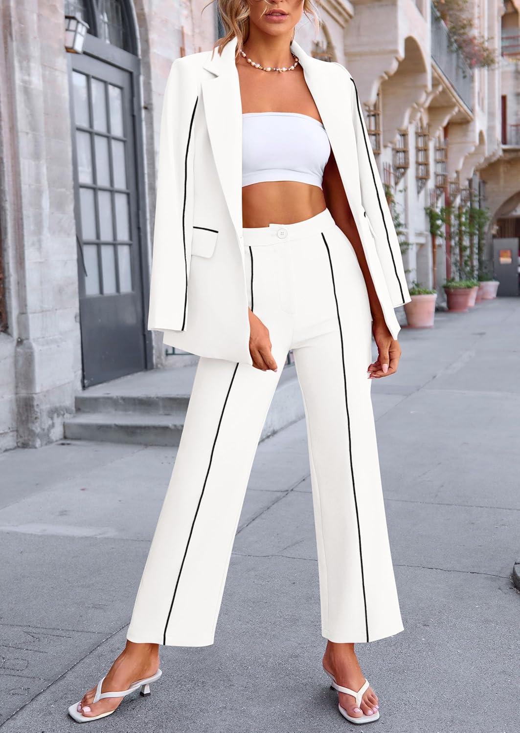 imagePRETTYGARDEN Womens Fall Spring 2 Piece Blazer Outfits Business Casual Oversized Jacket Wide Leg Work Pants Dressy Suit SetWhite