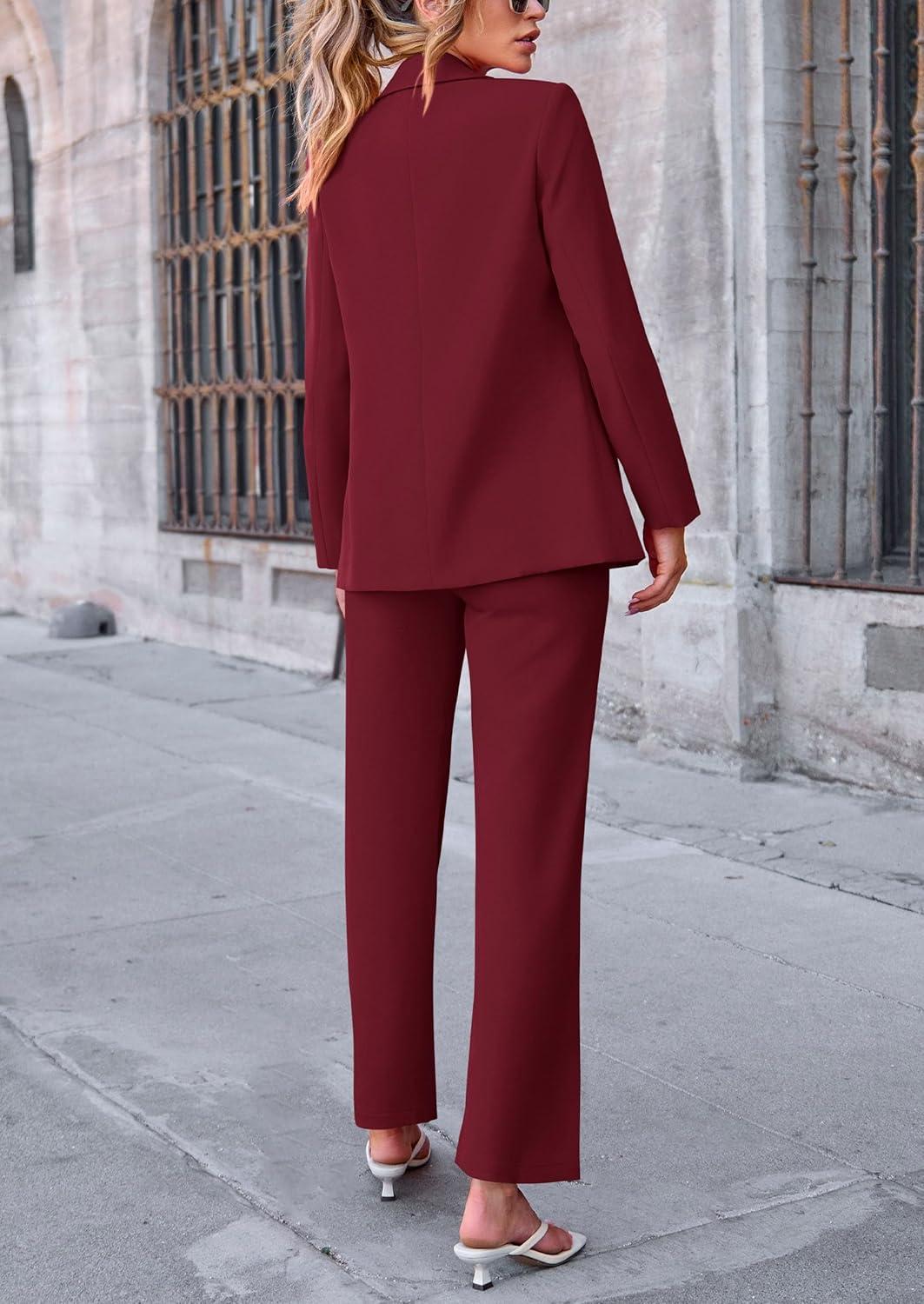 imagePRETTYGARDEN Womens Fall Spring 2 Piece Blazer Outfits Business Casual Oversized Jacket Wide Leg Work Pants Dressy Suit SetWine Red