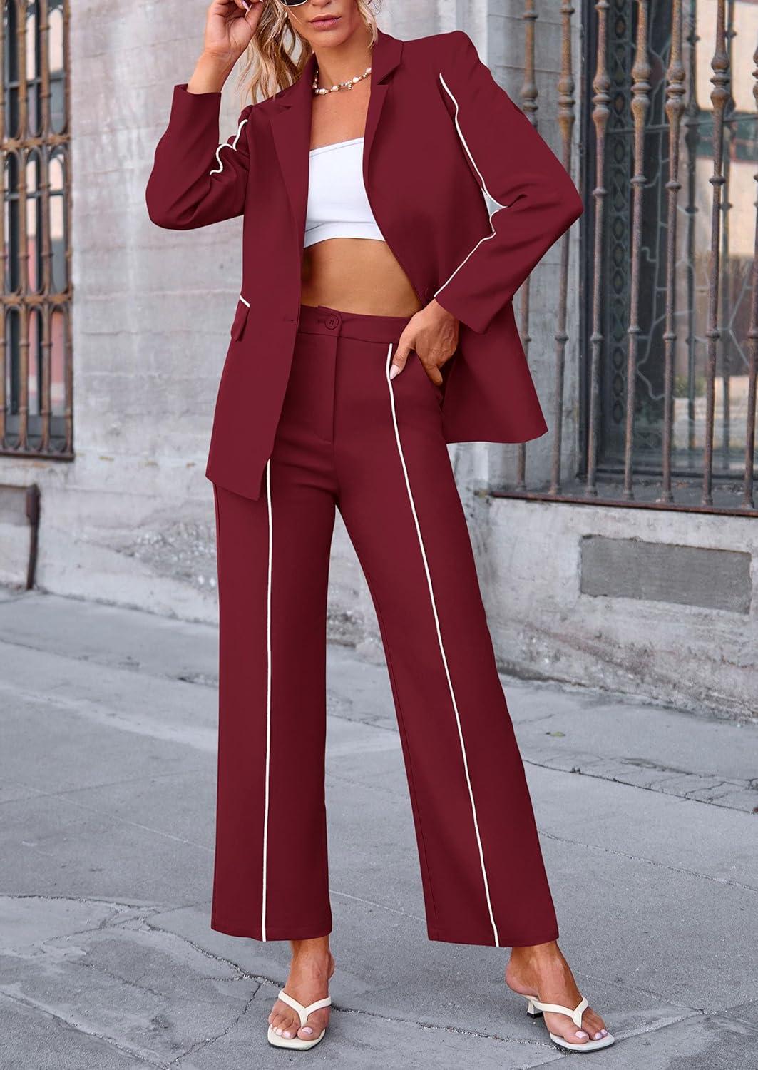 imagePRETTYGARDEN Womens Fall Spring 2 Piece Blazer Outfits Business Casual Oversized Jacket Wide Leg Work Pants Dressy Suit SetWine Red