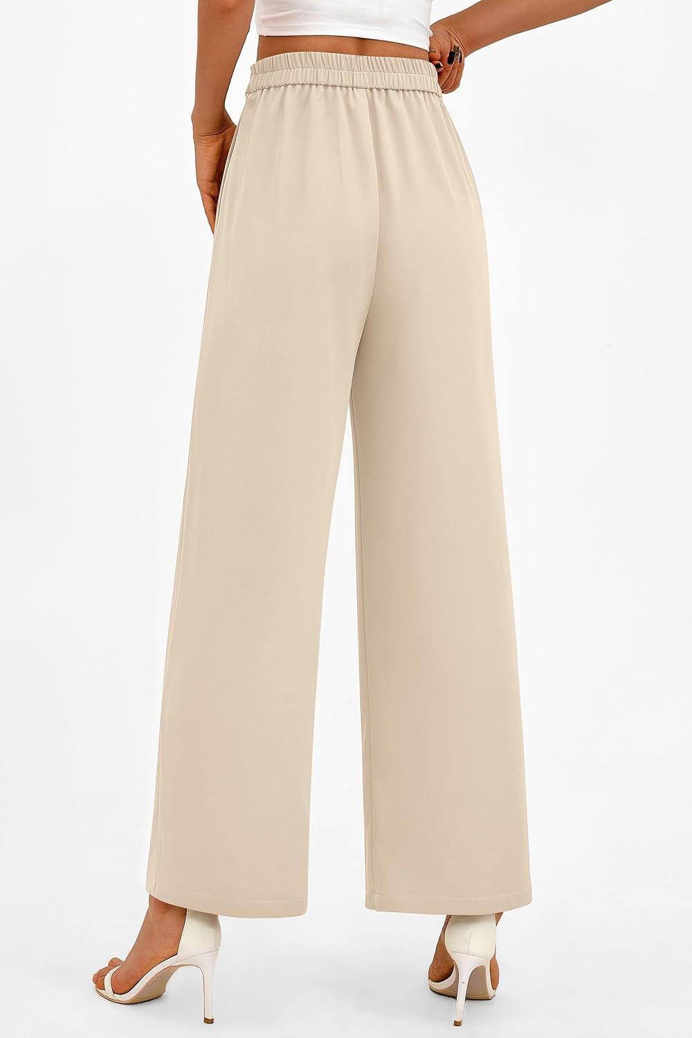 imagePRETTYGARDEN Womens Wide Leg Pants Dressy High Waisted Business Casual Work Office Suit Palazzo Pant TrousersBeige