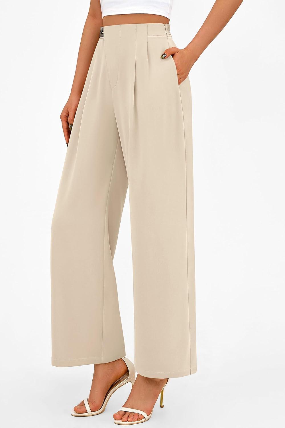 imagePRETTYGARDEN Womens Wide Leg Pants Dressy High Waisted Business Casual Work Office Suit Palazzo Pant TrousersBeige