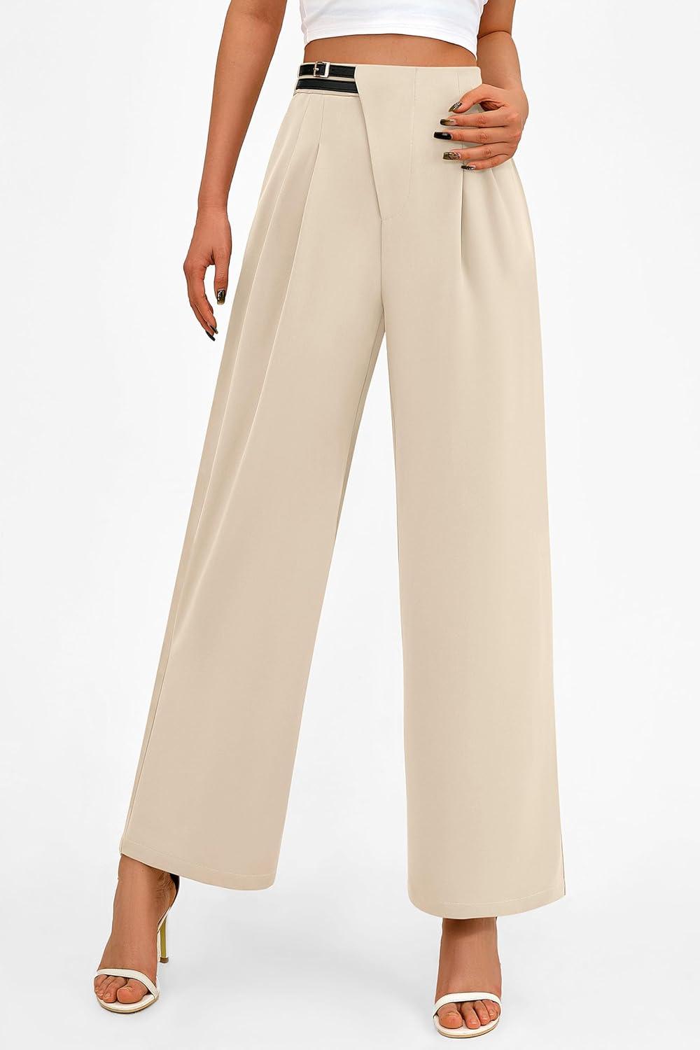 imagePRETTYGARDEN Womens Wide Leg Pants Dressy High Waisted Business Casual Work Office Suit Palazzo Pant TrousersBeige
