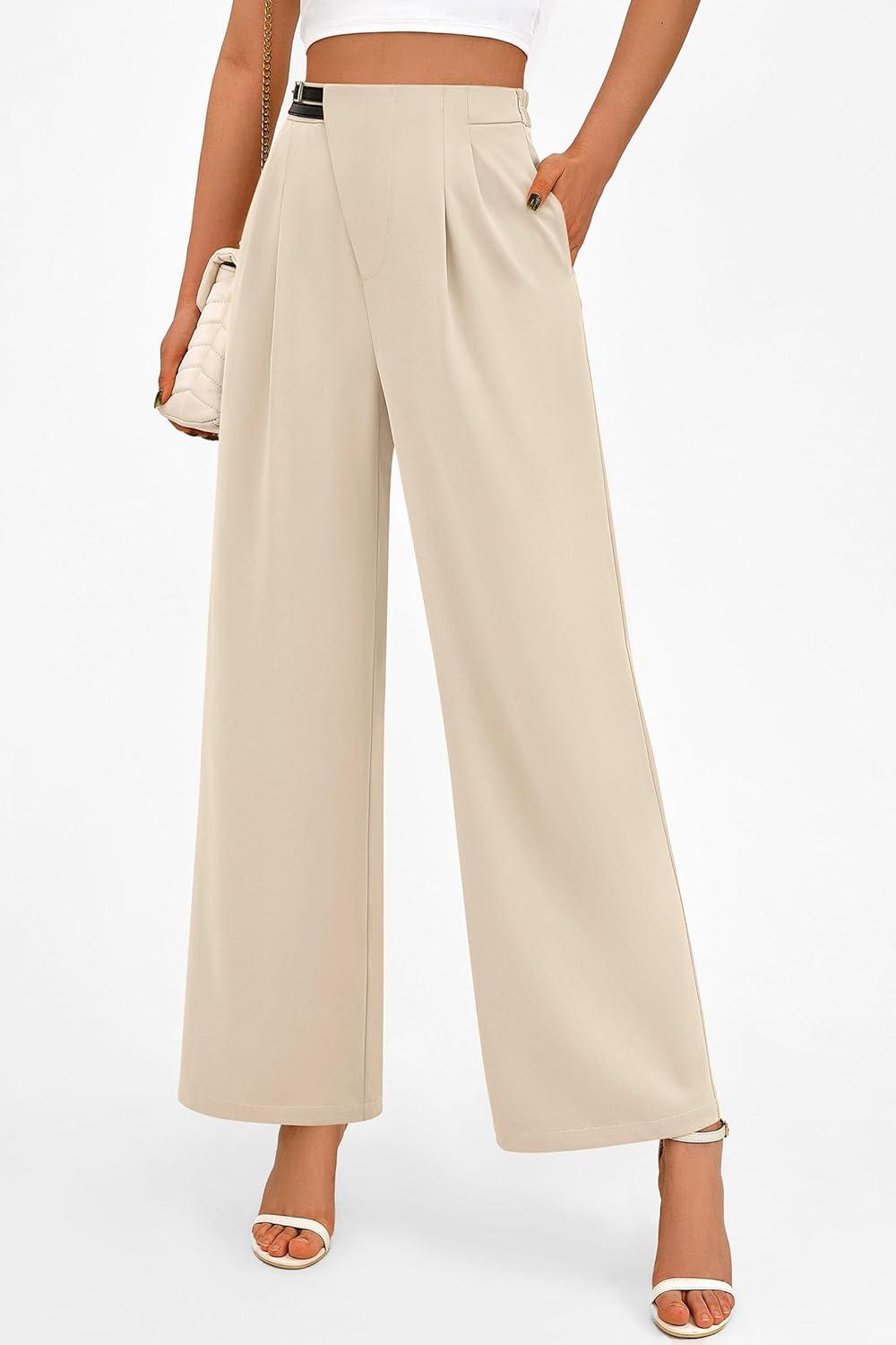 imagePRETTYGARDEN Womens Wide Leg Pants Dressy High Waisted Business Casual Work Office Suit Palazzo Pant TrousersBeige