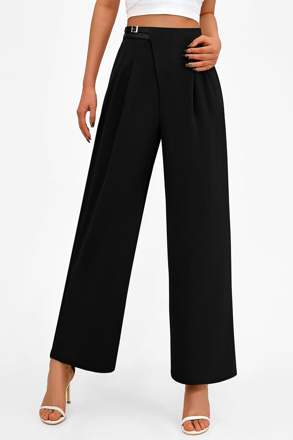 imagePRETTYGARDEN Womens Wide Leg Pants Dressy High Waisted Business Casual Work Office Suit Palazzo Pant TrousersBlack