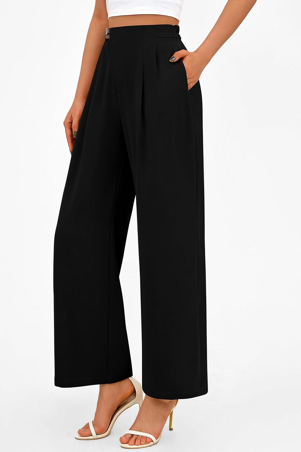 imagePRETTYGARDEN Womens Wide Leg Pants Dressy High Waisted Business Casual Work Office Suit Palazzo Pant TrousersBlack