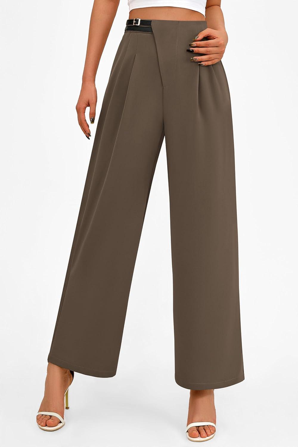 imagePRETTYGARDEN Womens Wide Leg Pants Dressy High Waisted Business Casual Work Office Suit Palazzo Pant TrousersBrown