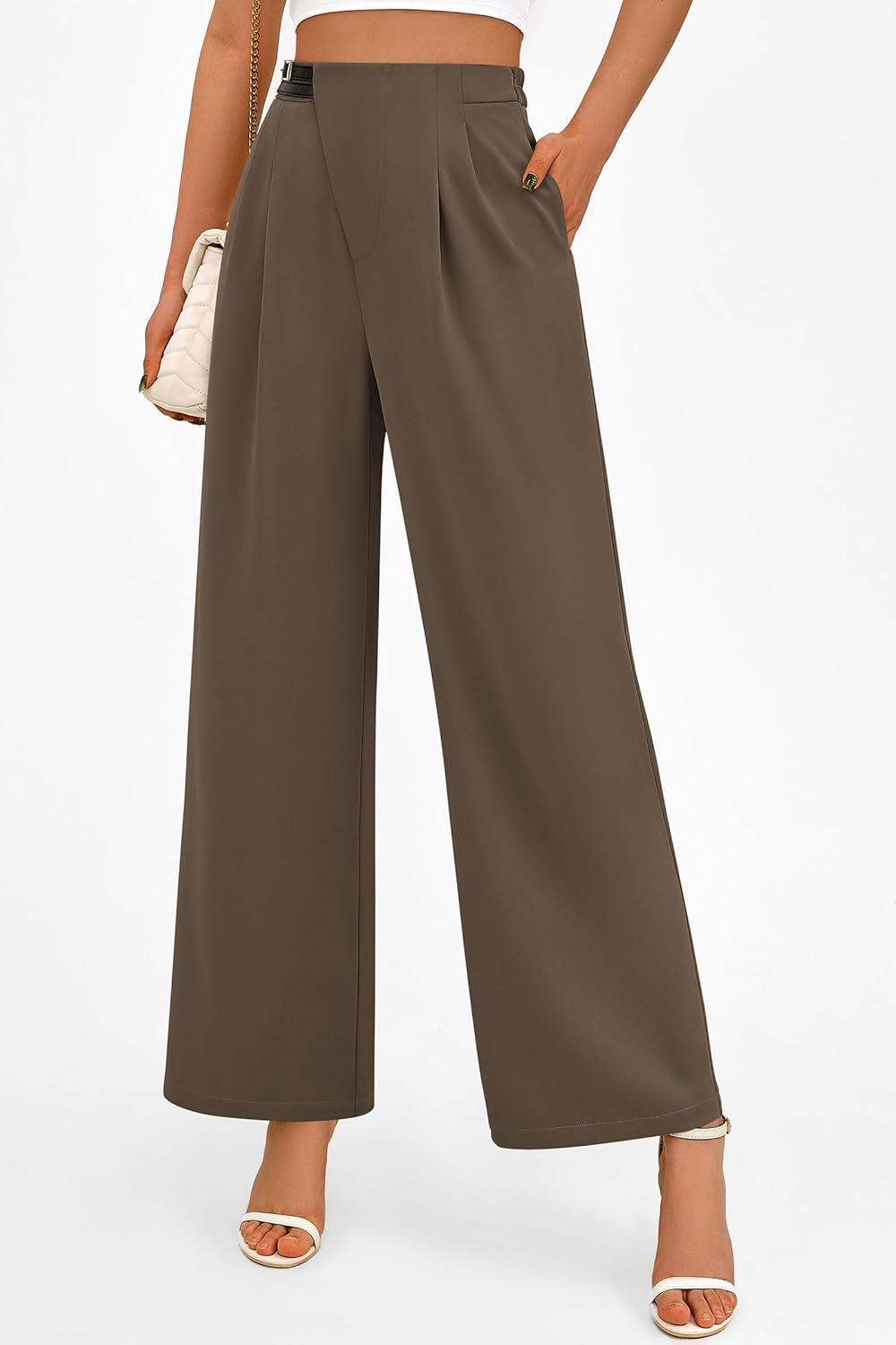 imagePRETTYGARDEN Womens Wide Leg Pants Dressy High Waisted Business Casual Work Office Suit Palazzo Pant TrousersBrown