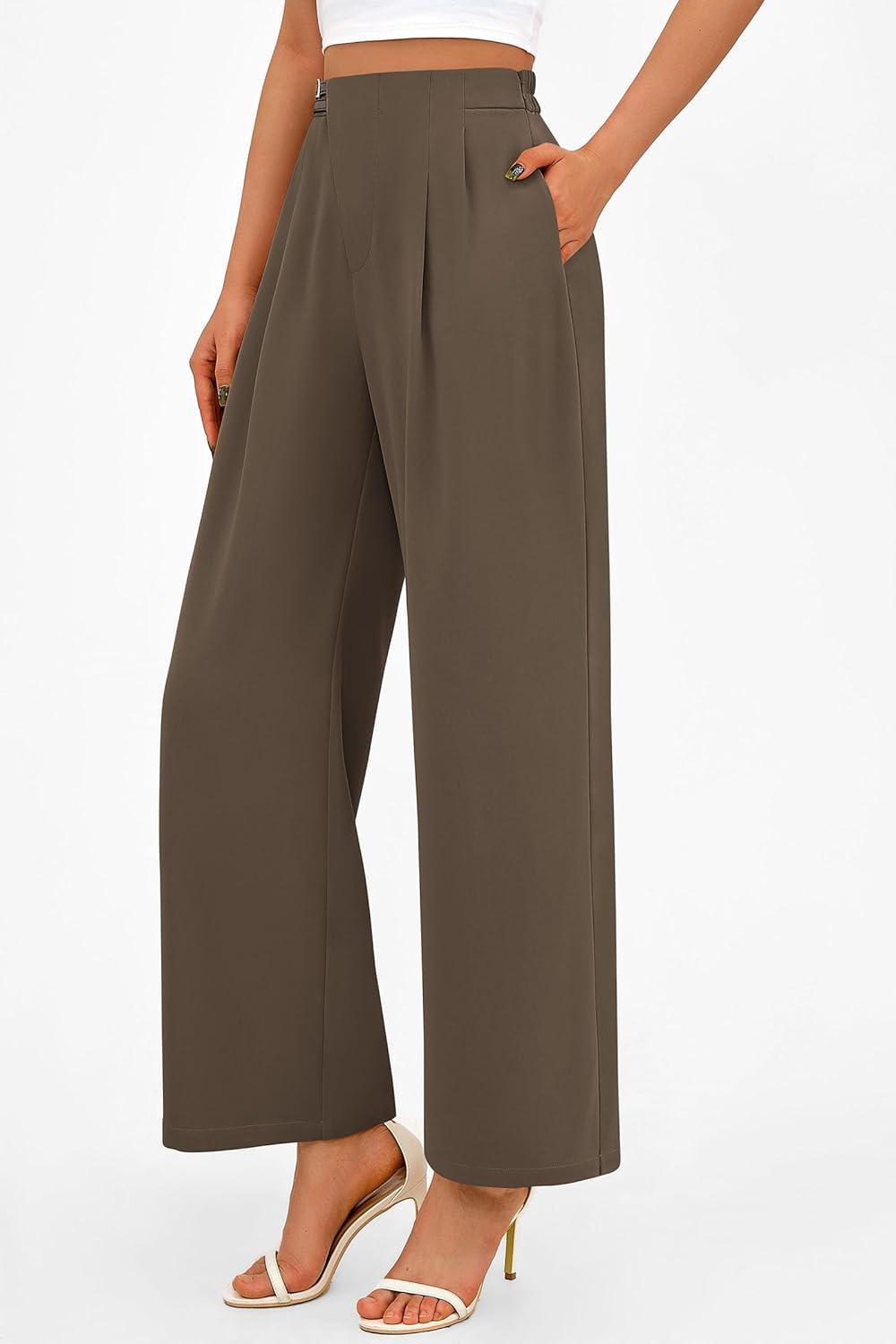 imagePRETTYGARDEN Womens Wide Leg Pants Dressy High Waisted Business Casual Work Office Suit Palazzo Pant TrousersBrown