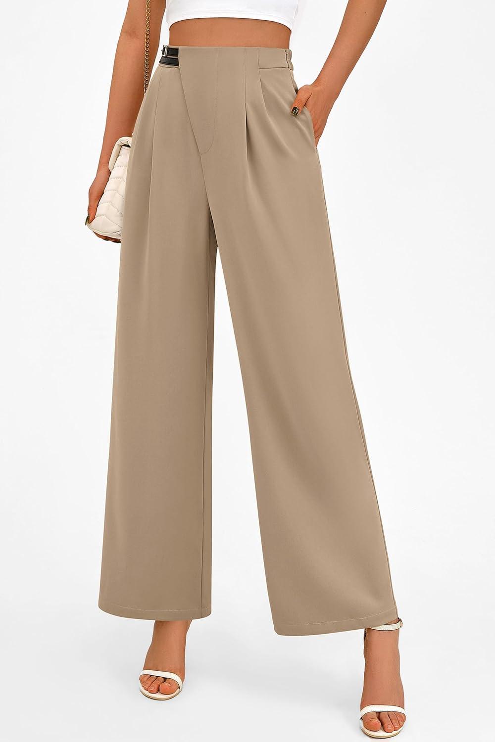imagePRETTYGARDEN Womens Wide Leg Pants Dressy High Waisted Business Casual Work Office Suit Palazzo Pant TrousersCamel