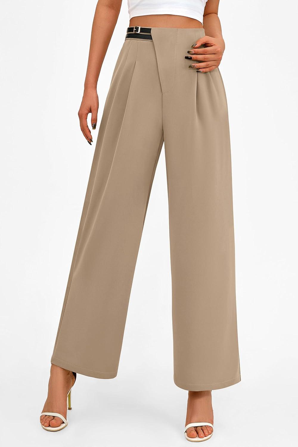 imagePRETTYGARDEN Womens Wide Leg Pants Dressy High Waisted Business Casual Work Office Suit Palazzo Pant TrousersCamel