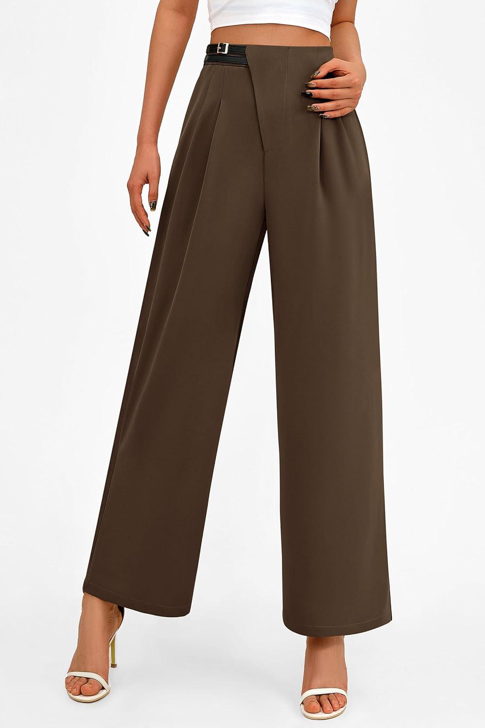 imagePRETTYGARDEN Womens Wide Leg Pants Dressy High Waisted Business Casual Work Office Suit Palazzo Pant TrousersCoffee
