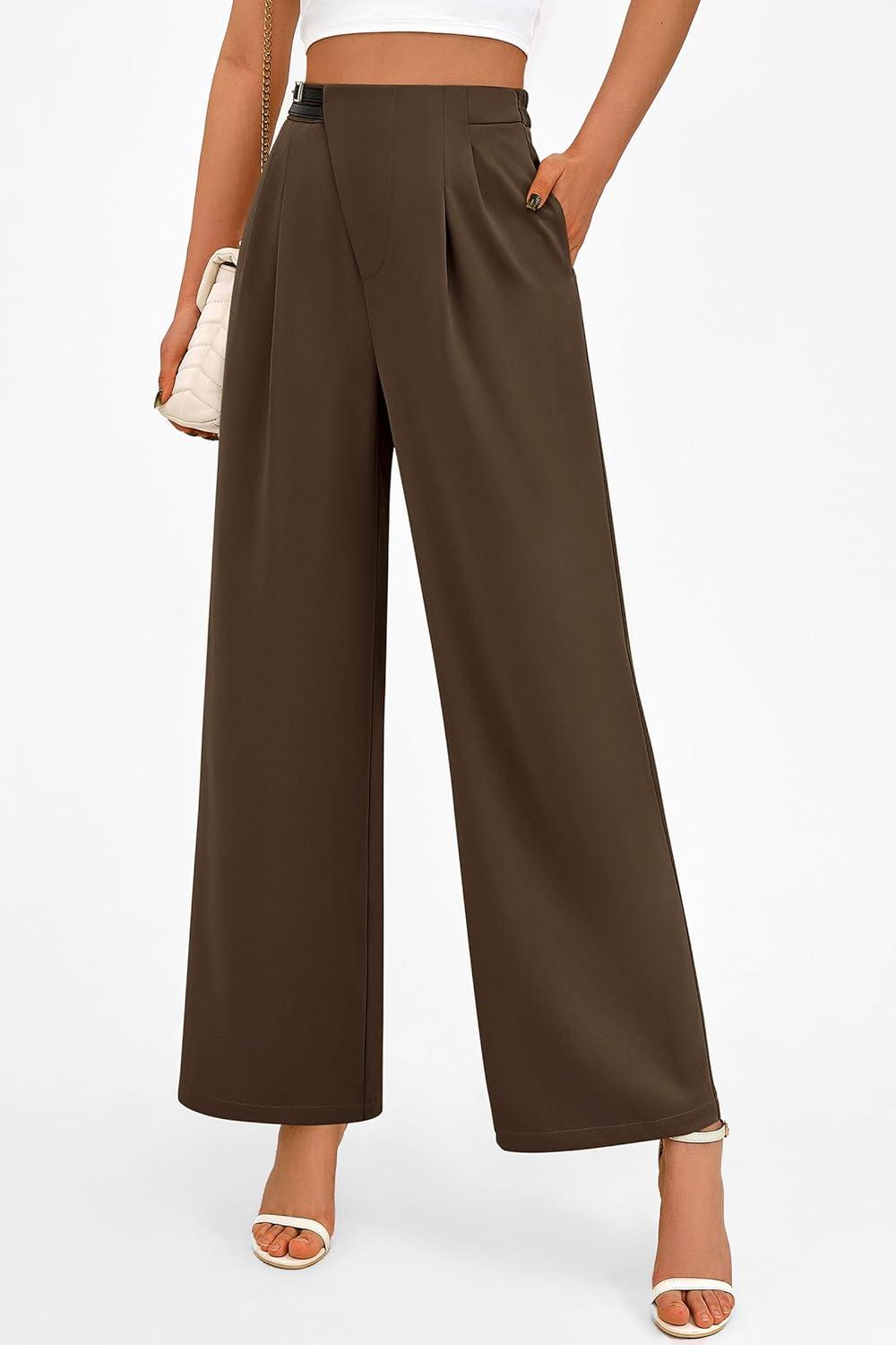 imagePRETTYGARDEN Womens Wide Leg Pants Dressy High Waisted Business Casual Work Office Suit Palazzo Pant TrousersCoffee